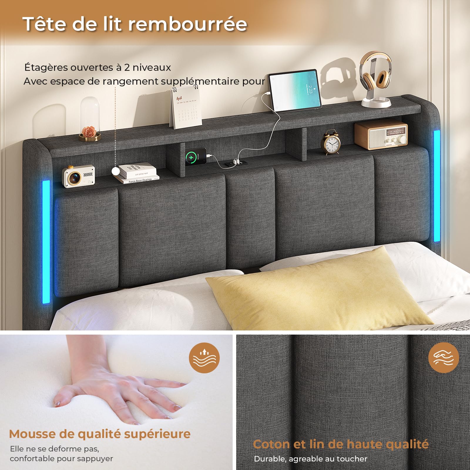 AOGLLATI Lit Coffre 160x200 CM, Lit Double avec LED et Ports USB, Cadre de lit avec Tête de Lit capitonné et Rangement, Lattes en Bois, Lin Gris Foncé(sans Matelas)