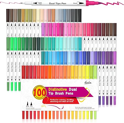 feela Rotuladores de doble punta de 100 colores con rotuladores artísticos, punta de pincel doble de acuarela e resaltadores para libros de colorear