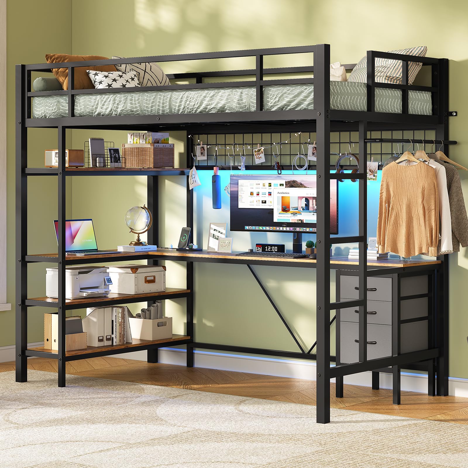 VIAGDO Loft Bed Twin Size with L-Shaped Desk, Charging Station and LED Lights, Twin Loft Bed with 4-Tier Bookshelf and 3 Drawers, Clothes Rail, Safety Guardrail&Ladder, No Box Spring Needed, BlackThe Forest Stewardship Council
