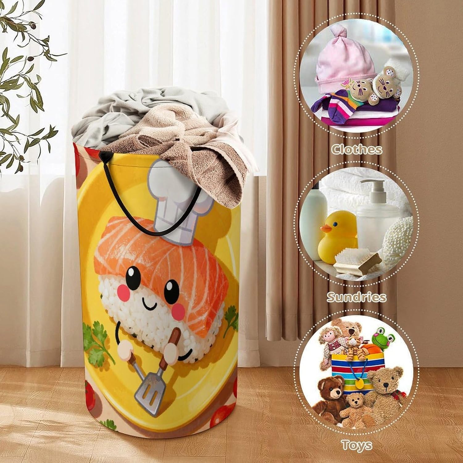 Funny Sushi Laundry Hamper with Handles Waterproof Collapsible Laundry Basket Large Lightweight Round Dirty Clothes Hamper for Home Dorm Bathroom Decor