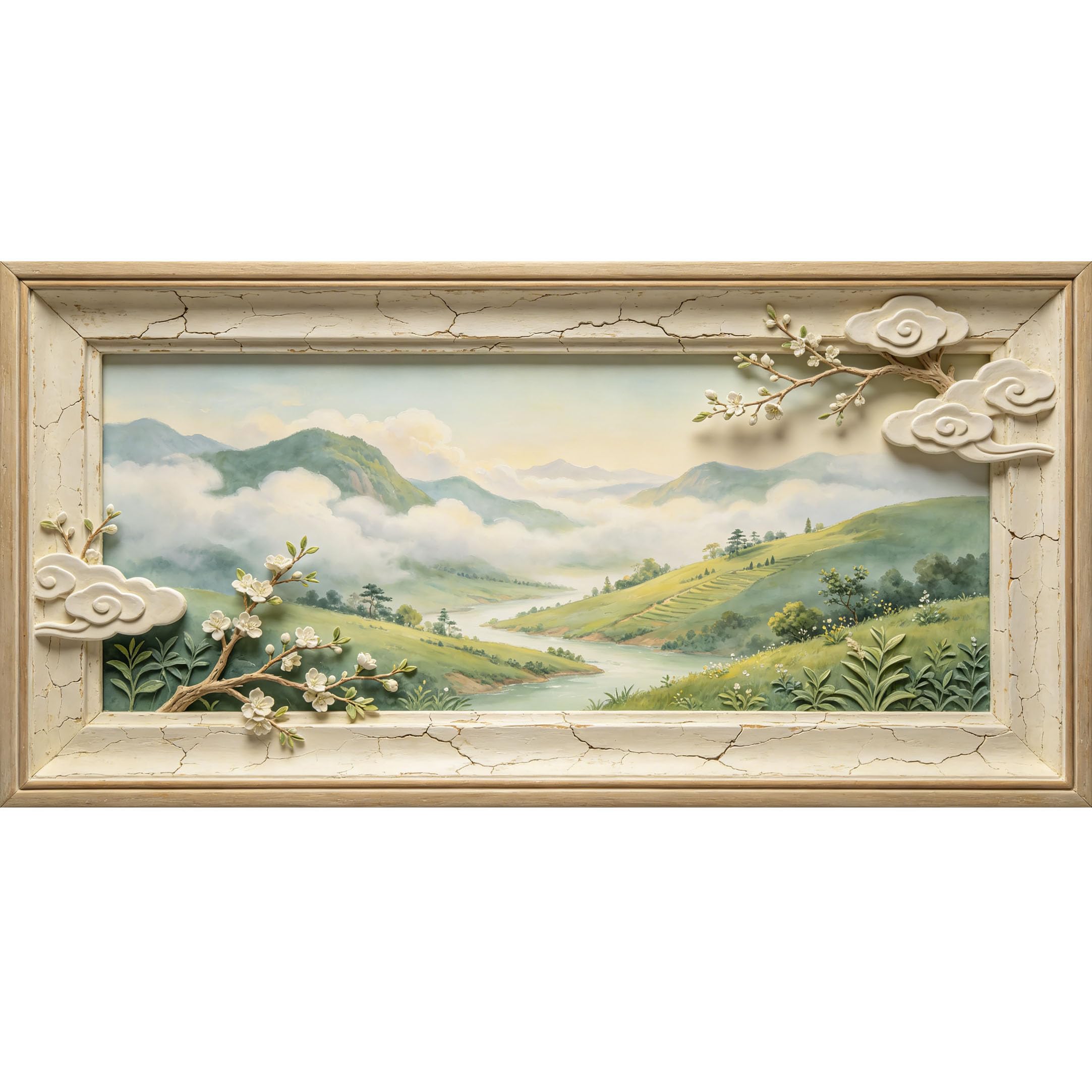 Agglomerix 3D Framed Wall Art Mountain Lake Landscape Botanical Relief Effect Cloud Blossom Large Size SelfAdhesive Removable Wall Decor Prints Artwork for Living Room Bedroom Office