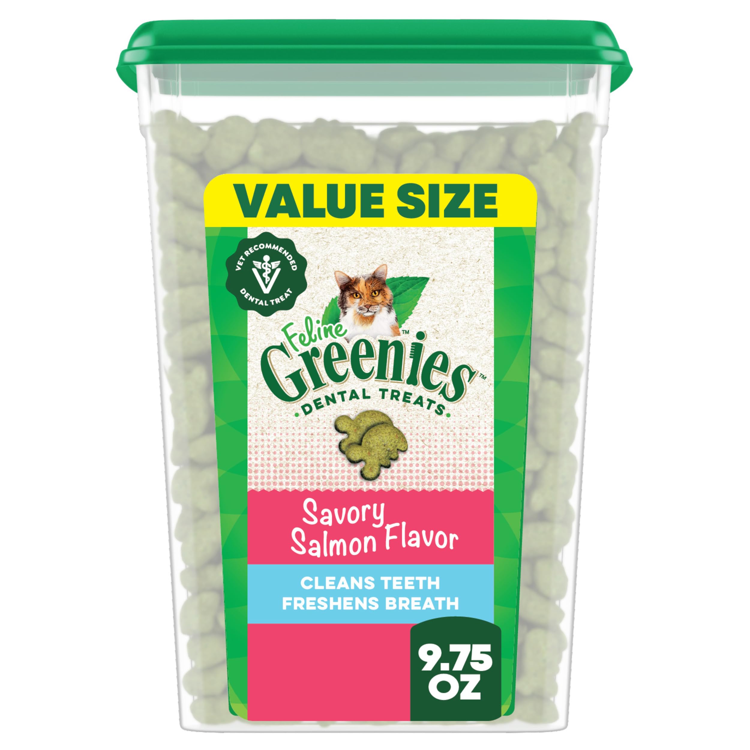 GreeniesFeline Veterinarian-Recommended Adult Natural Dental Cat Treats, Savory Salmon Flavor, 9.75 oz. Tub
