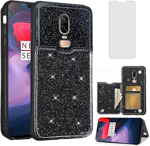 Asuwish Funda de teléfono para OnePlus 6 Funda tipo cartera con protector de pantalla y soporte para tarjetas, accesorios de piel con purpurina para