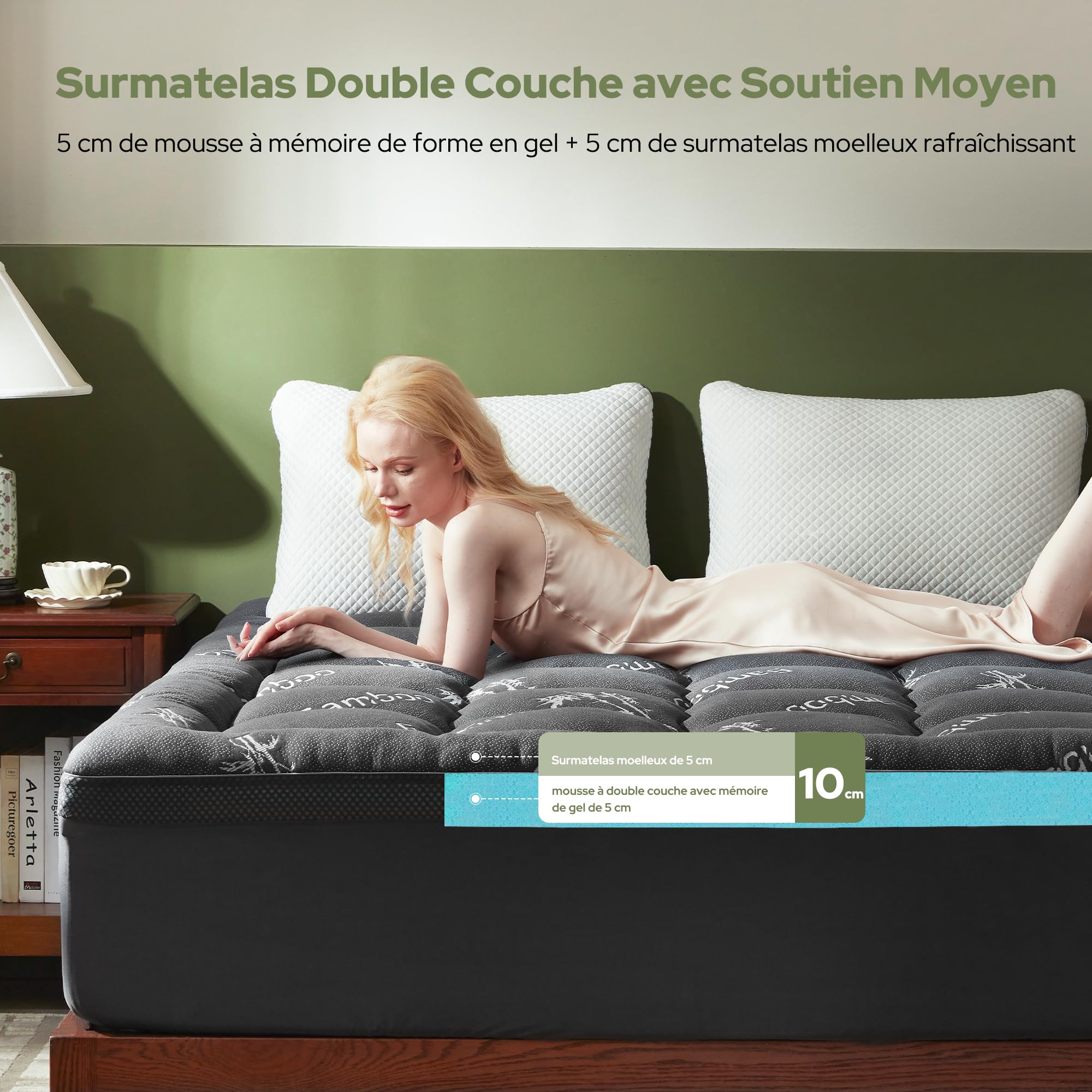 BEDLORE Surmatelas 160 X 200cm, Double Couche De 10 cm (5 cm De Mousse à MéMoire De Forme Gel + 5 Cm De Surmatelas Moelleux), Soulagement de la Pression et des Douleurs Dorsales