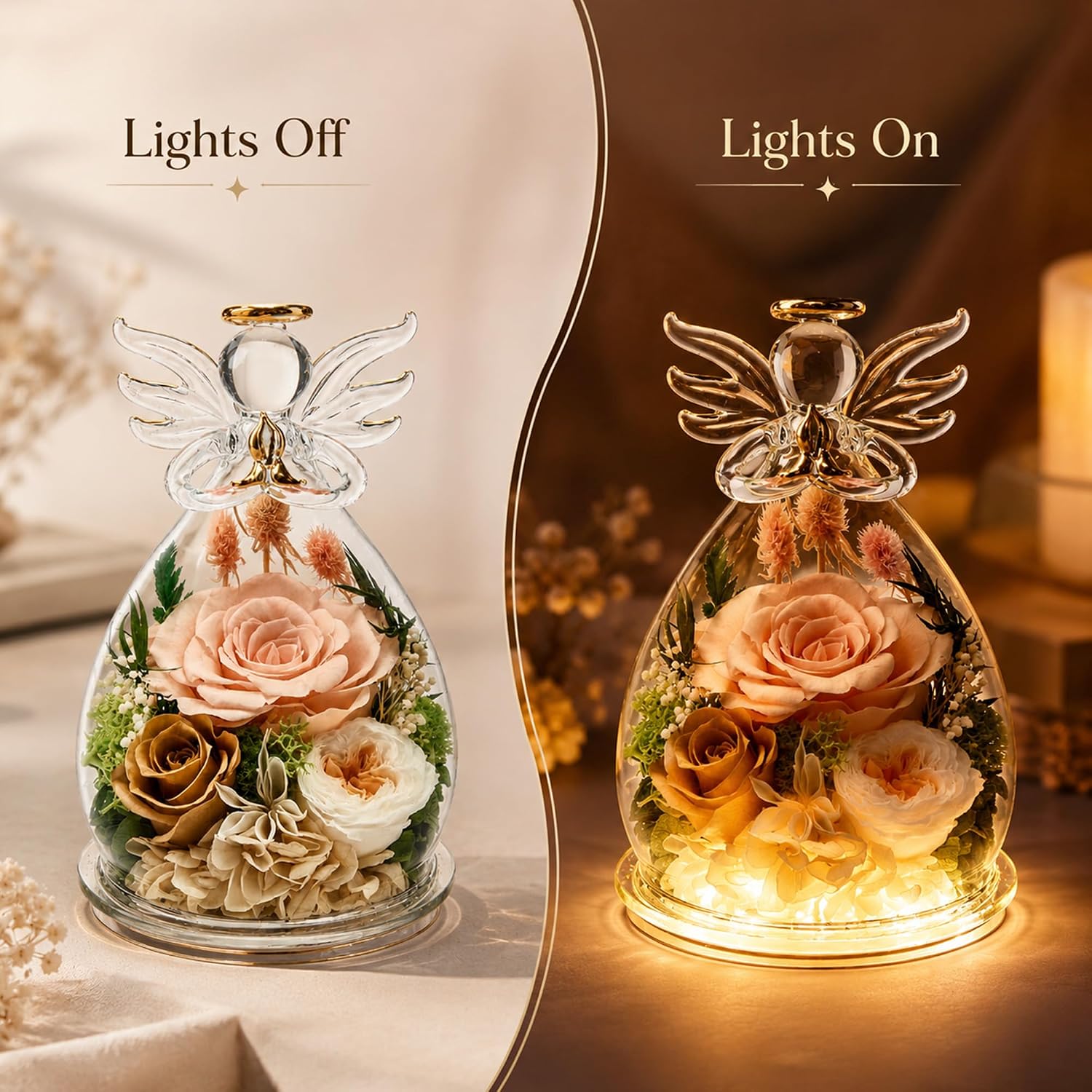 Preserved Rose Glass Angel Figurine, Birthday Gifts for Women, Glass Rose | Preserved Rose Forever Flower in Glass, Real Colorful Roses, Gift for Mom, Grandma, Wife