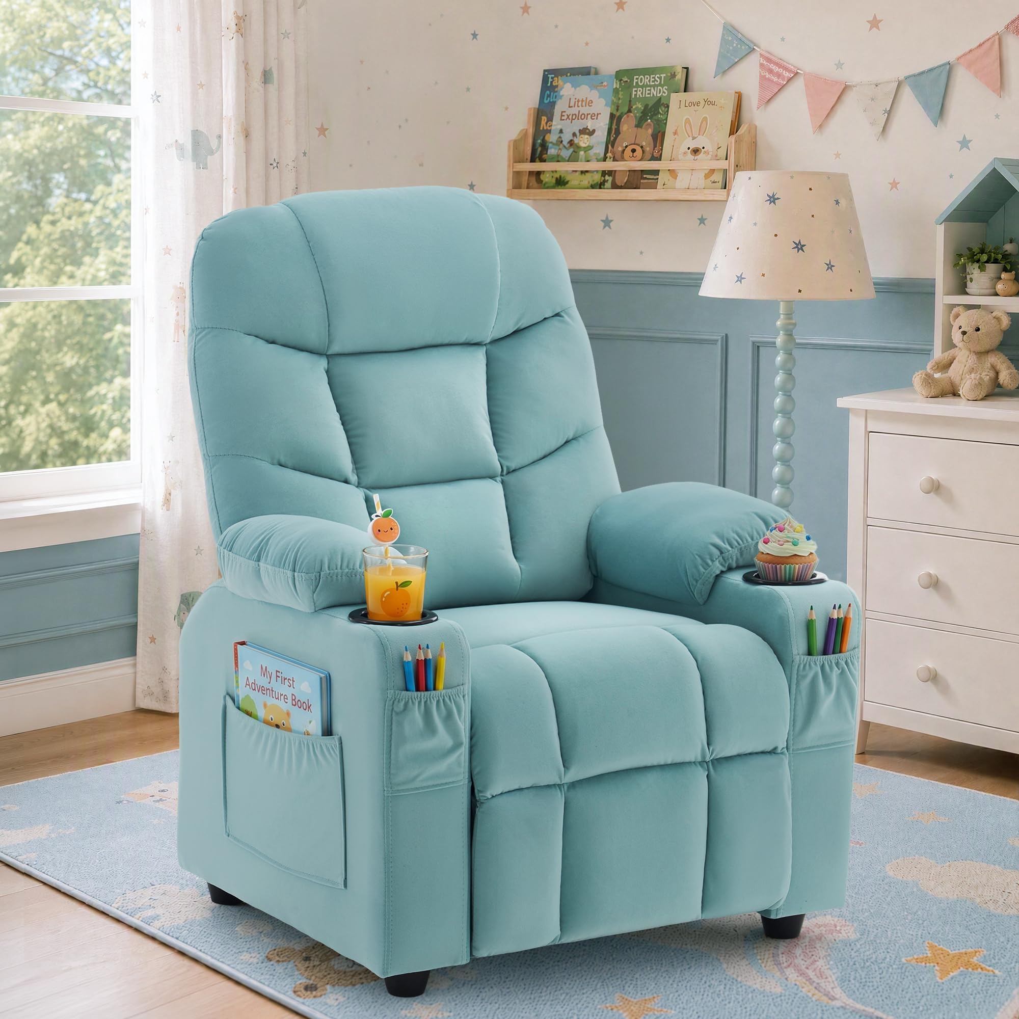 Kids Recliner Chair Velvet Reclining Toddler Push Back Big Sofa Ages 3-12
