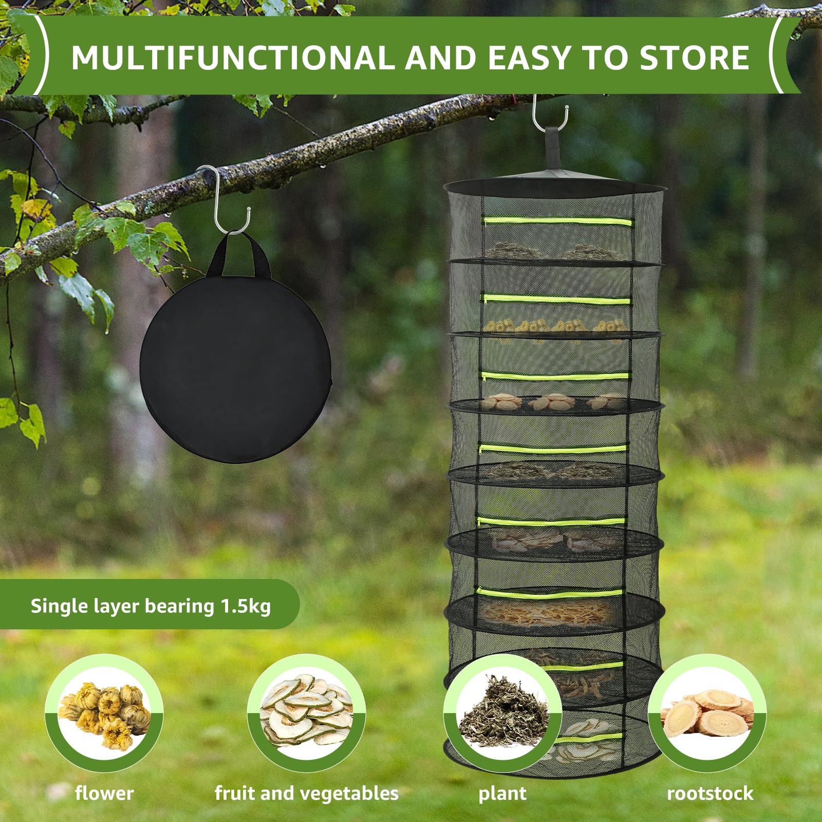 Filet de séchage 8 couches pour herbes aromatiques, avec support, séchoir à herbes suspendu, filet de séchage avec crochets en S, filet de suspension pliable pour fleurs séchées, poissons