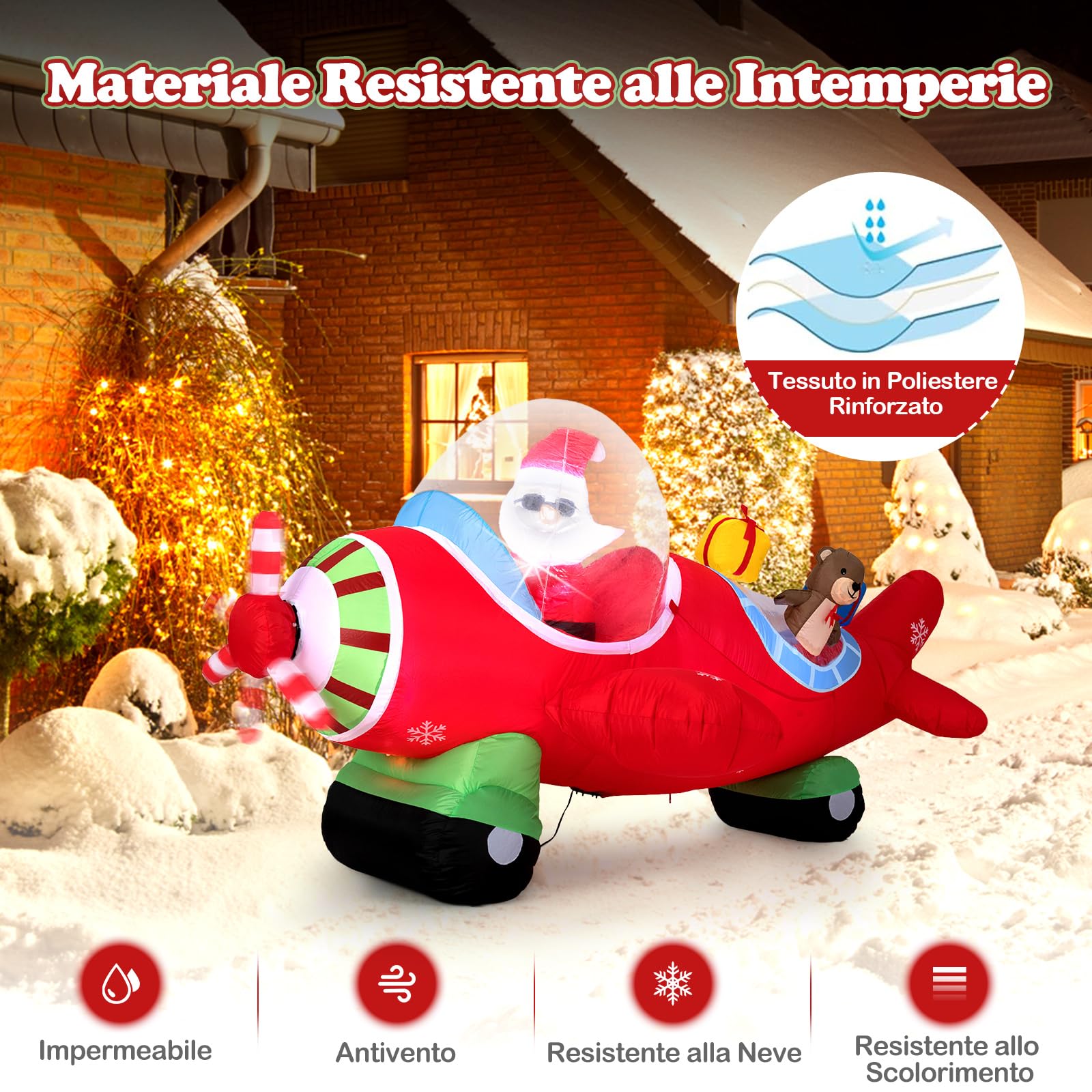 COSTWAY Babbo Natale Gonfiabile su Aereo 120 cm, Decorazione Natalizia da Esterno con Orsetto, Scatole Regalo e Luci LED, Decorazione Gonfiabile Invernale per Festa, per Giardino, Cortile e Casa