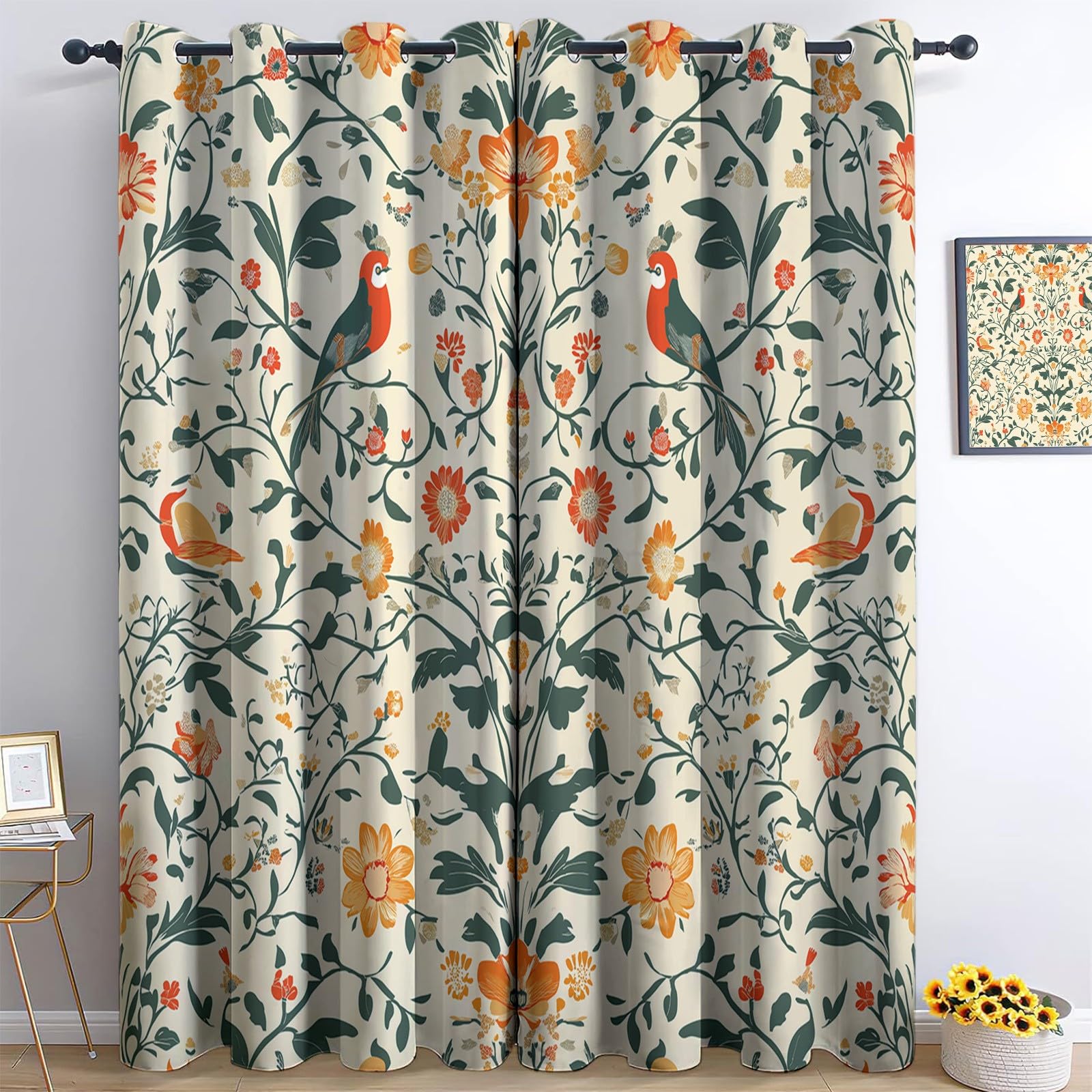 Rideaux occultants pour salon et chambre motif oiseaux style William Morris