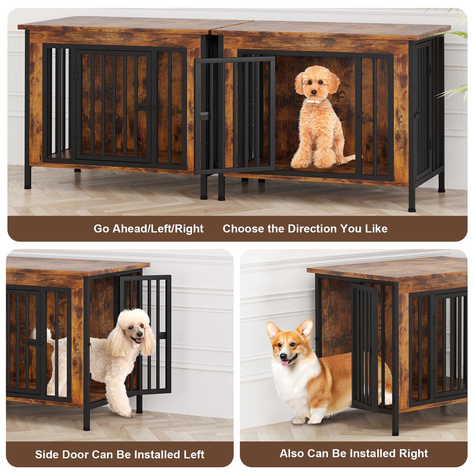 Hundekäfig Möbel mit 2 Türen, 80 cm Holz Hundekäfig für Kleine/Mittlere Hunde, Indoor Hundebox für Zuhause als Beistelltisch und TV-Ständer, 80 x 57 x 71 cm, Braun