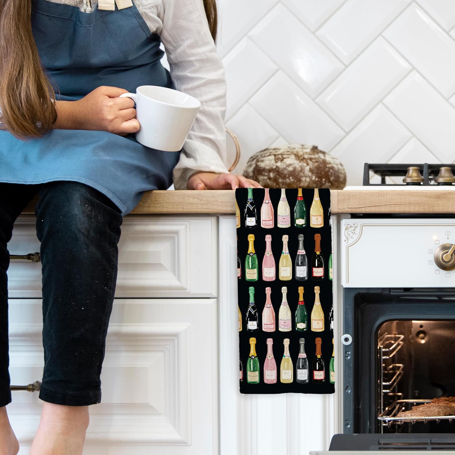 Black Champagne Lover Gift Kitchen Towels, Champagne Accessories Bar Hand Towel, Trendy Alcohol Bottles Cocktail Gift Champagne Bachelorettes Girly Room Decorative Tea Dish Towels 16x24 Inch - Image 3