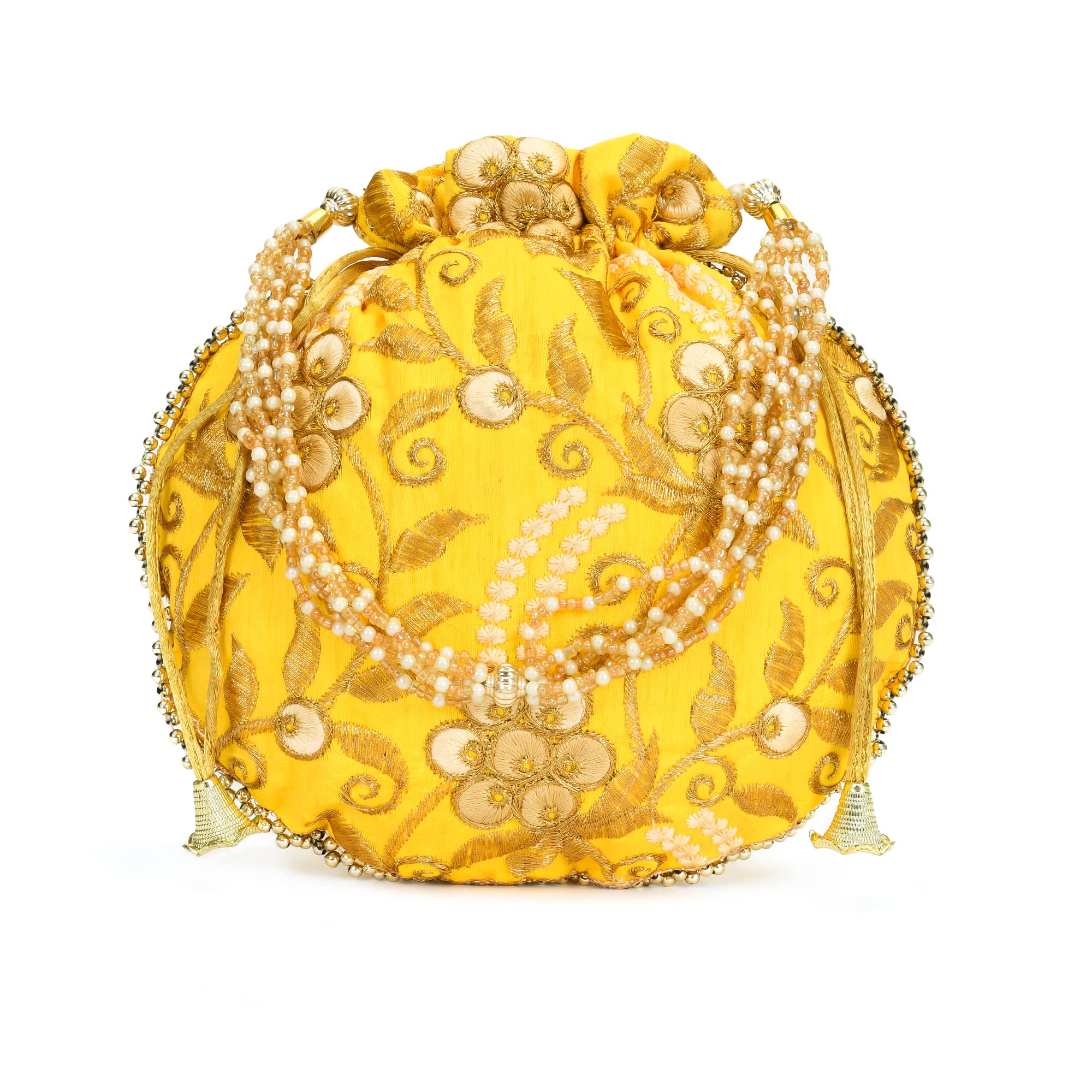 Potli Bag for Women Ethnic Gold, Pearl Handle Floral Accents, Drawstring Closure Pearls Handle Batwa Clutch Purse