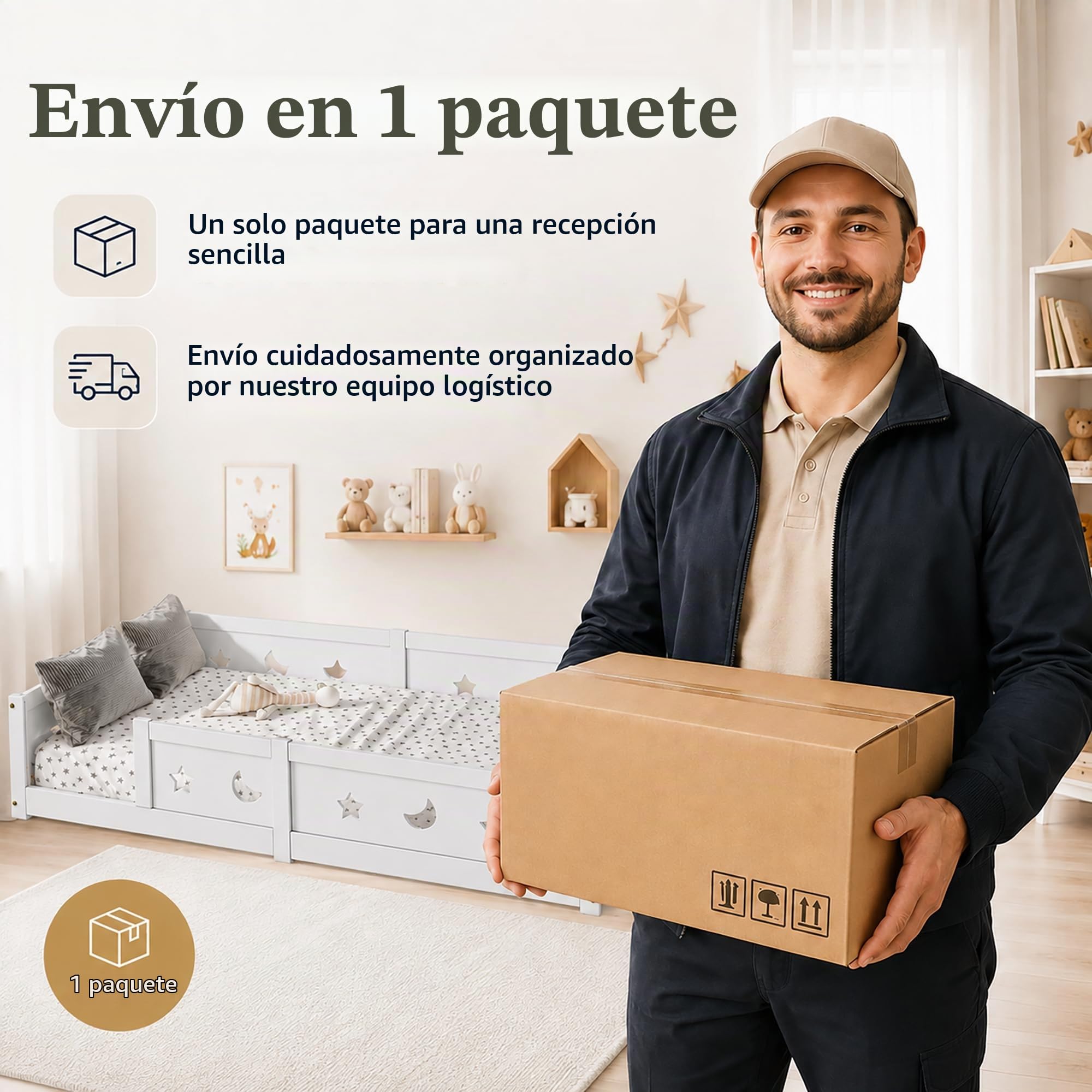 Cama Montessori 140x200 cm, Cama Doble Infantil con Protección Anticaída y Somier de Láminas, Baby Bed Toddler Bed para Niños y Niñas, Estrella y Luna, Pino, Sin Colchón, Blanco