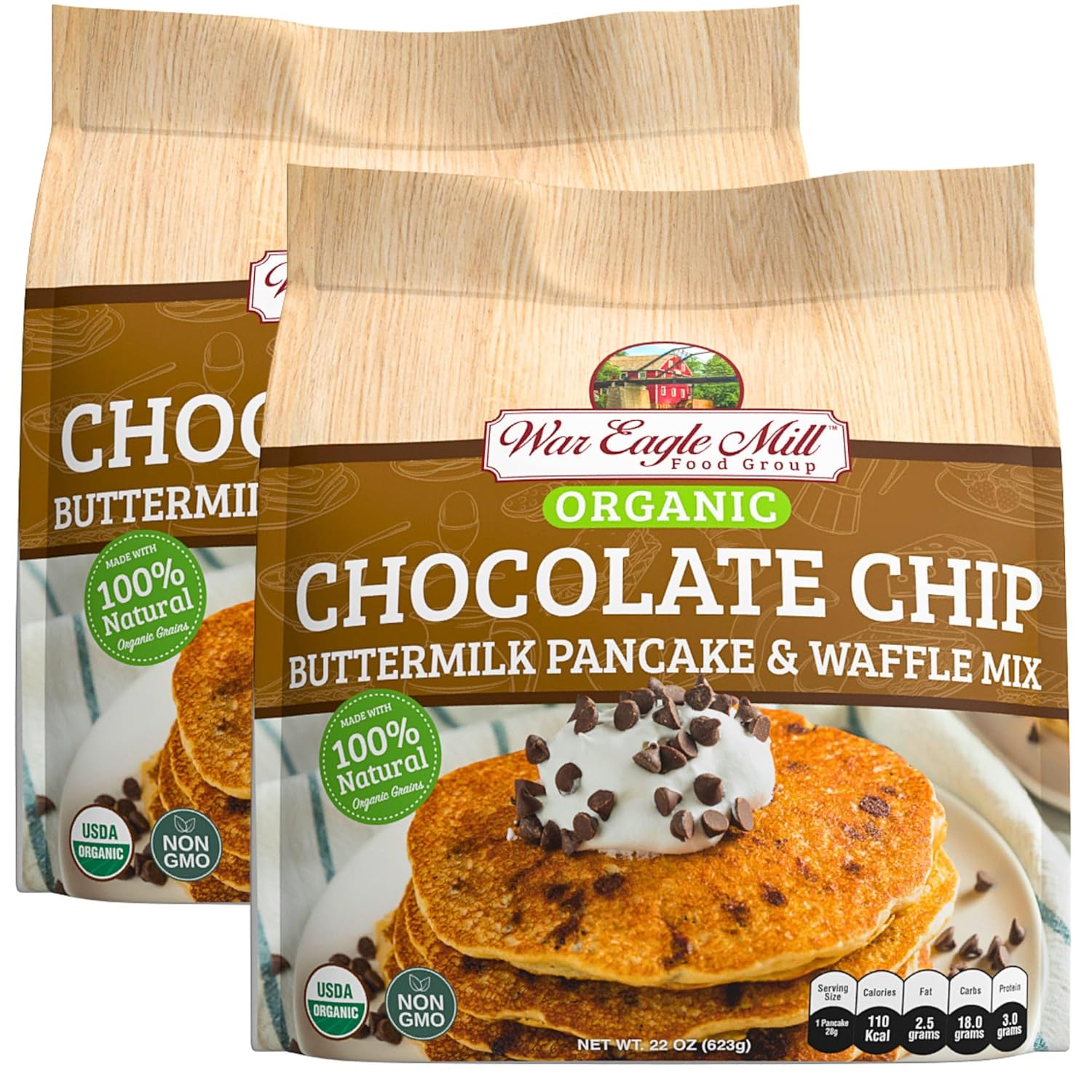 War Eagle Mill Organic Chocolate Chip Pancake & Waffle Mix, 22 oz Bag (2 Pack)