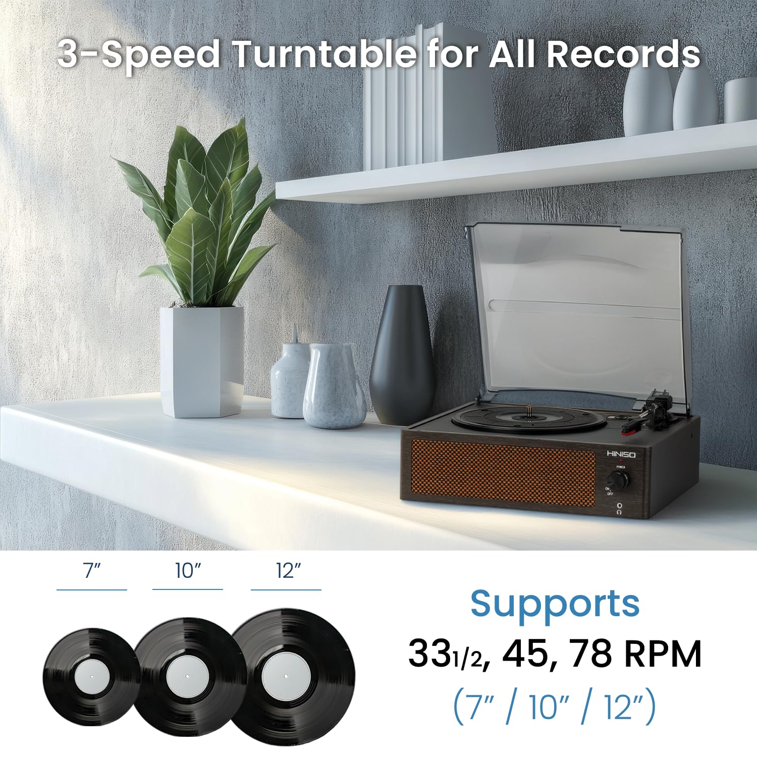 HINISO Bluetooth Vinyl Record Player T516 with Bluetooth Input & Output | 3-Speed Turntable (33/45/78 RPM) | Built-in Speakers | RCA, AUX, Headphone Jack | Vintage Wooden Finish with Dust Cover — Amazon image 7