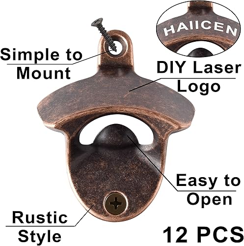 Miniatura 2 de Abrebotellas de cerveza de montaje en pared, 12 piezas, cobre envejecido, abridor de cerveza rústica, montaje en poste inoxidable