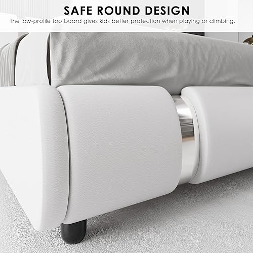 Miniatura 22 de TTVIEW Moderna base de cama tapizada de piel sintética con decoración de metal de hierro, cabecera curvada ajustable, soporte de listones de madera,