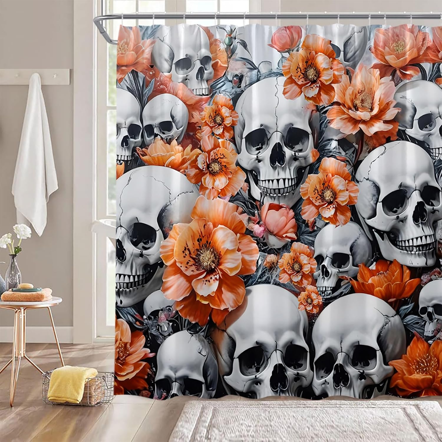 Gothic Skull Shower Curtain Halloween Skull Skeleton Orange Flower Gray Retro Spooky Fabric Bathroom Decor Curtain with Hooks,70Wx96H Inches