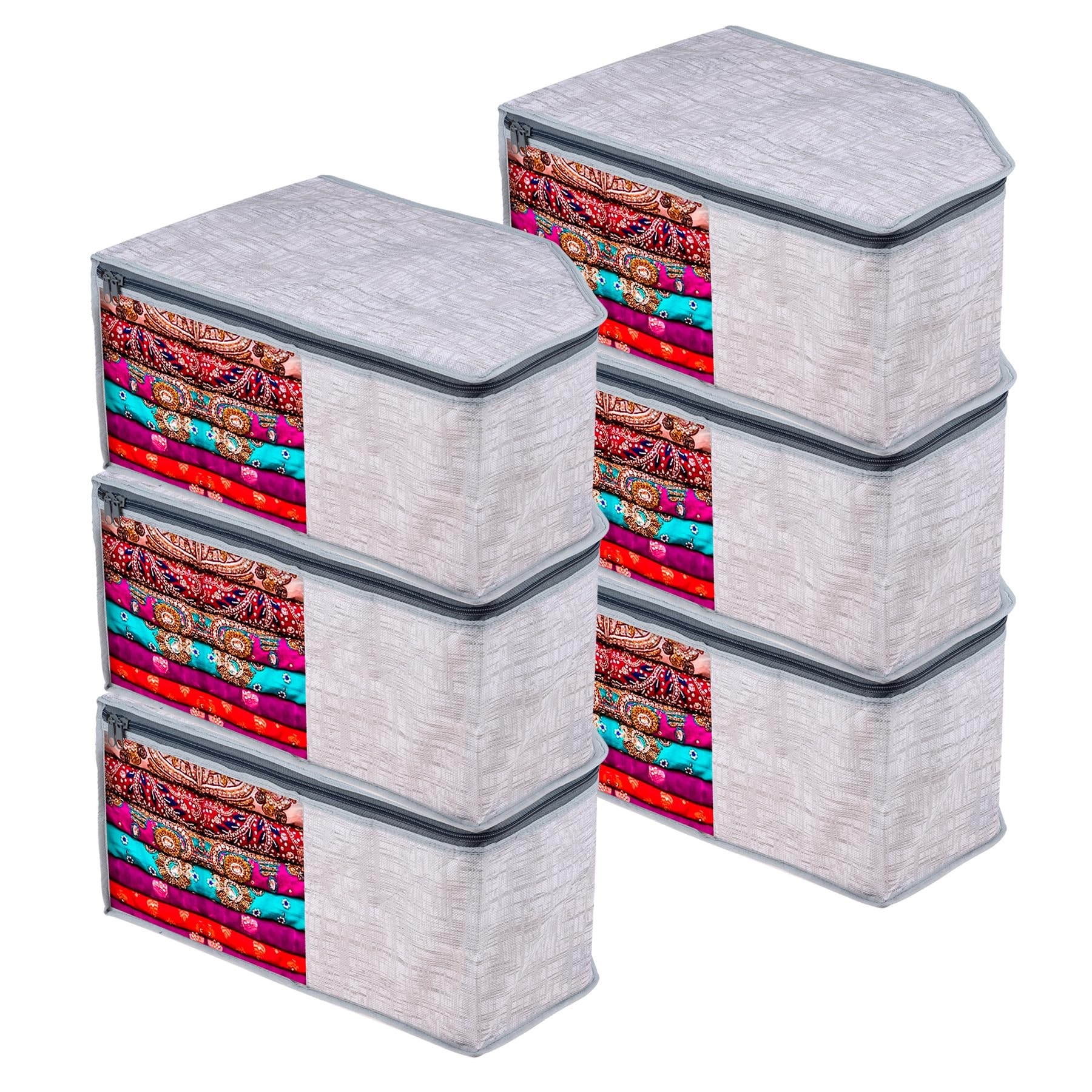 Kuber Industries Blouse Cover | Clothes Storage Bag | Zipper Closure Wardrobe Organizers | Clothes Organizer with Transparent Window | Jute Printed Clothes Bag | Pack of 6 | Gray-image-31