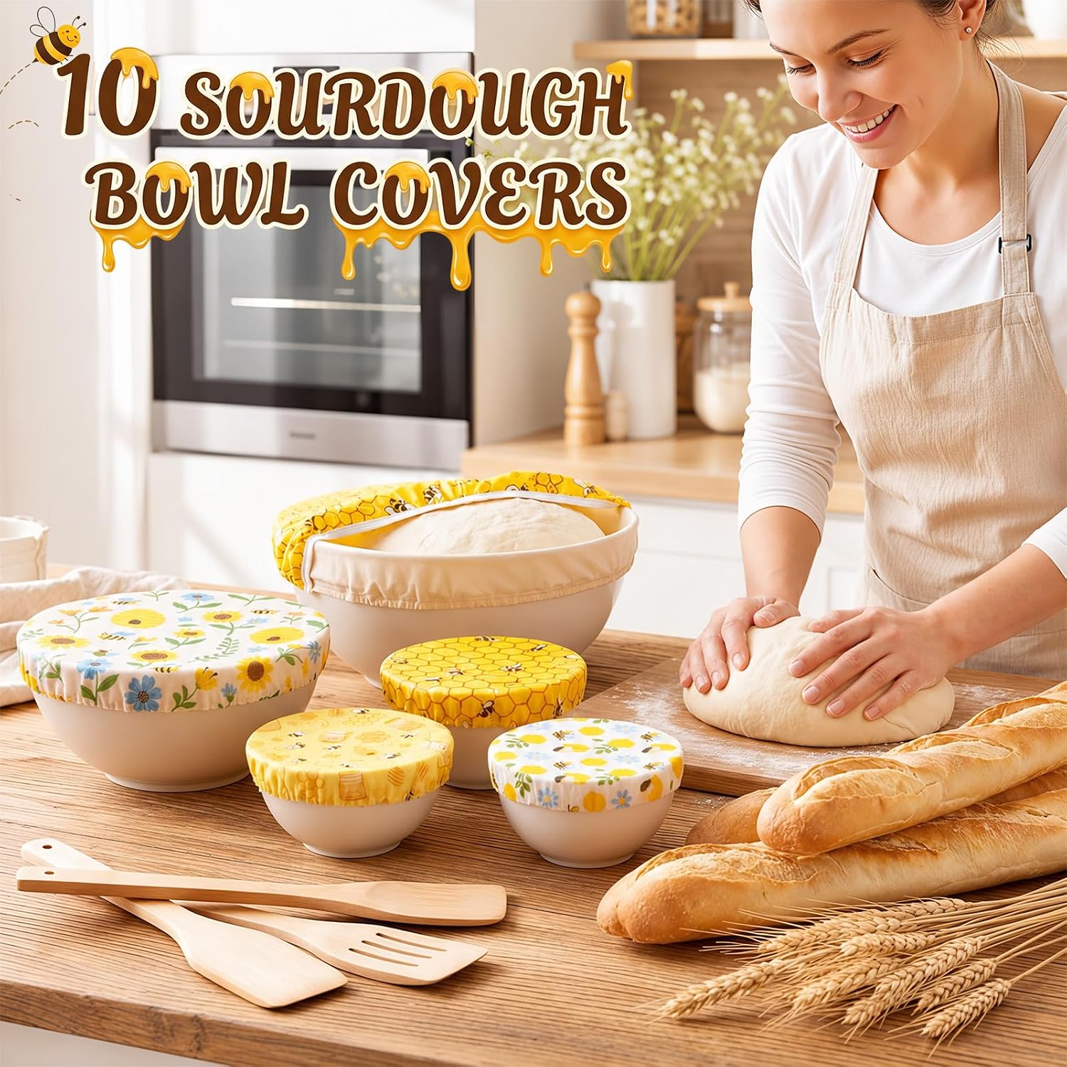 Mindsoft 10 Pcs Reusable Bowl Covers for Bread Proofing Beeswax Bowl Covers 5 Size Elastic Cotton Sourdough Bowls Cover Shower Caps for Sourdough Bread Food Storage Fruit Leftover (Yellow Honeycomb)