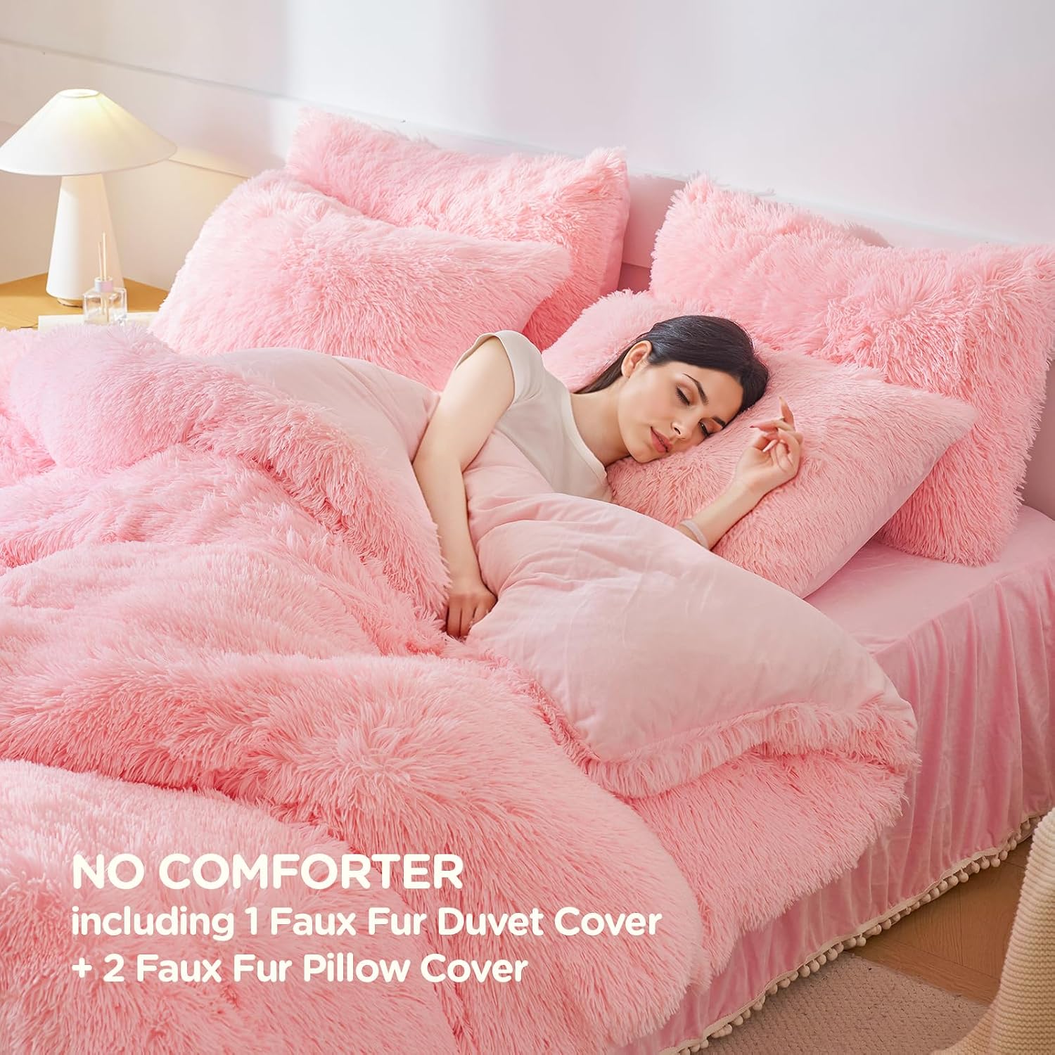 Fluffy Plush Pink Comforter Cover Set, Luxury Ultra Soft Faux Fur Duvet Cover 3 Pieces (1 Fuzzy Duvet Cover + 2 Shaggy Pillowcases), Zipper Closure (Queen, Pink)