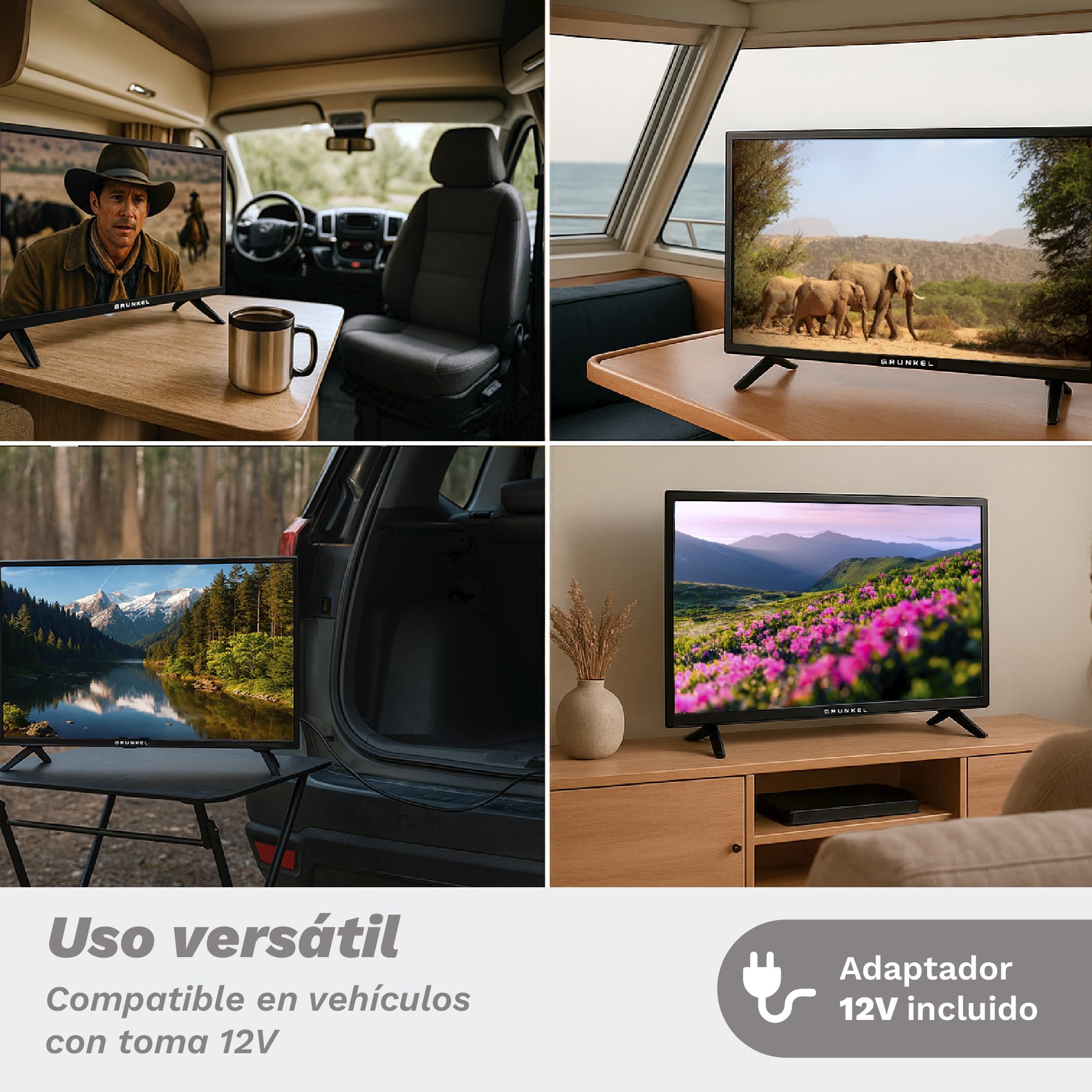 Grunkel - Televisor LED de 24 Pulgadas HD con Adaptador a 12V para Camper y Caravanas - LED-24 IV2 - Ready Alta definición con TDT Alta definición T2 - Modo Hotel con 3 HDMI y 2 USB - Negro
