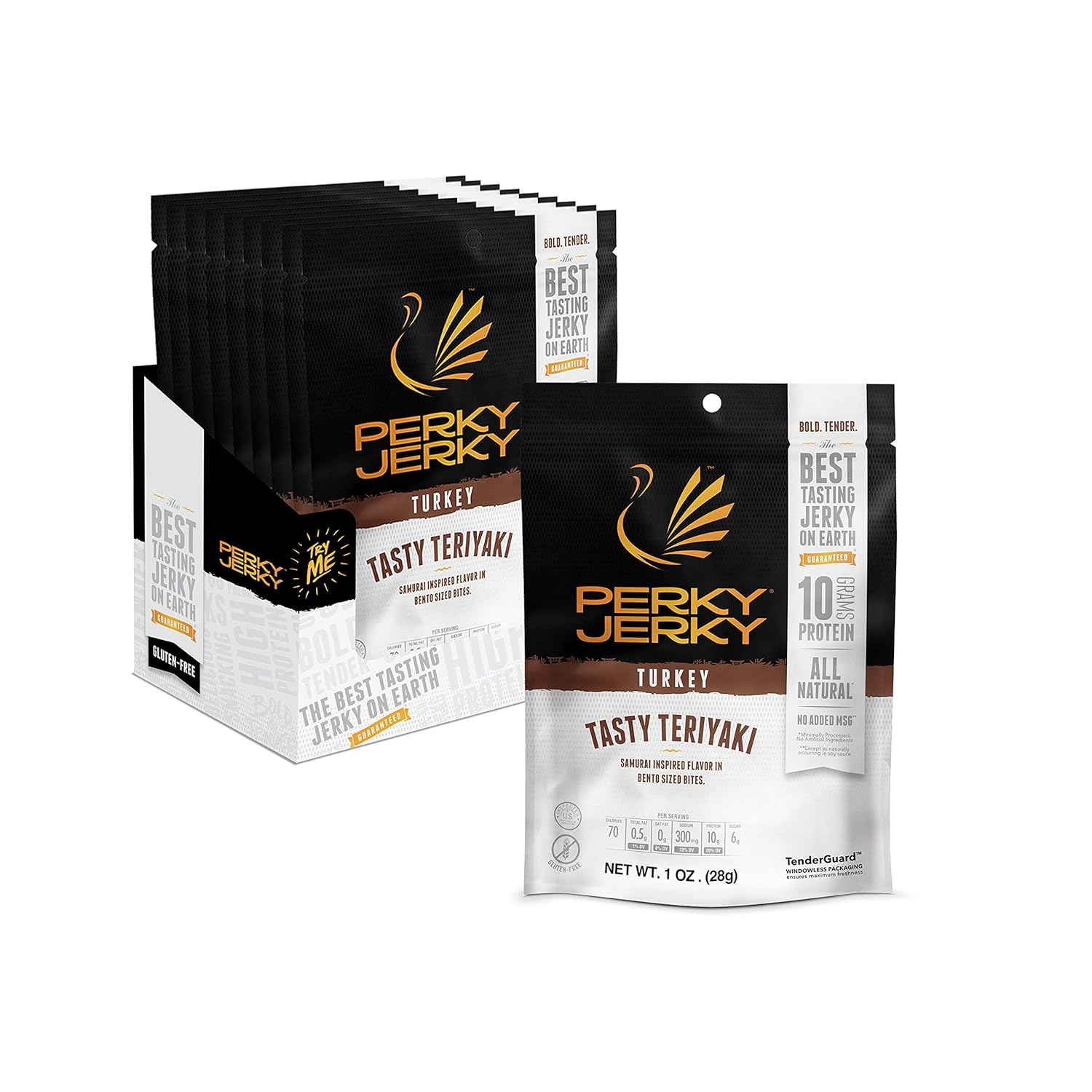 Perky Jerky Tasty Teriyaki Turkey Jerky, 1oz (Pack of 12) - Low Sodium - 10g Protein per Serving - Low Fat - 100% U.S. Sourced - Tender Texture