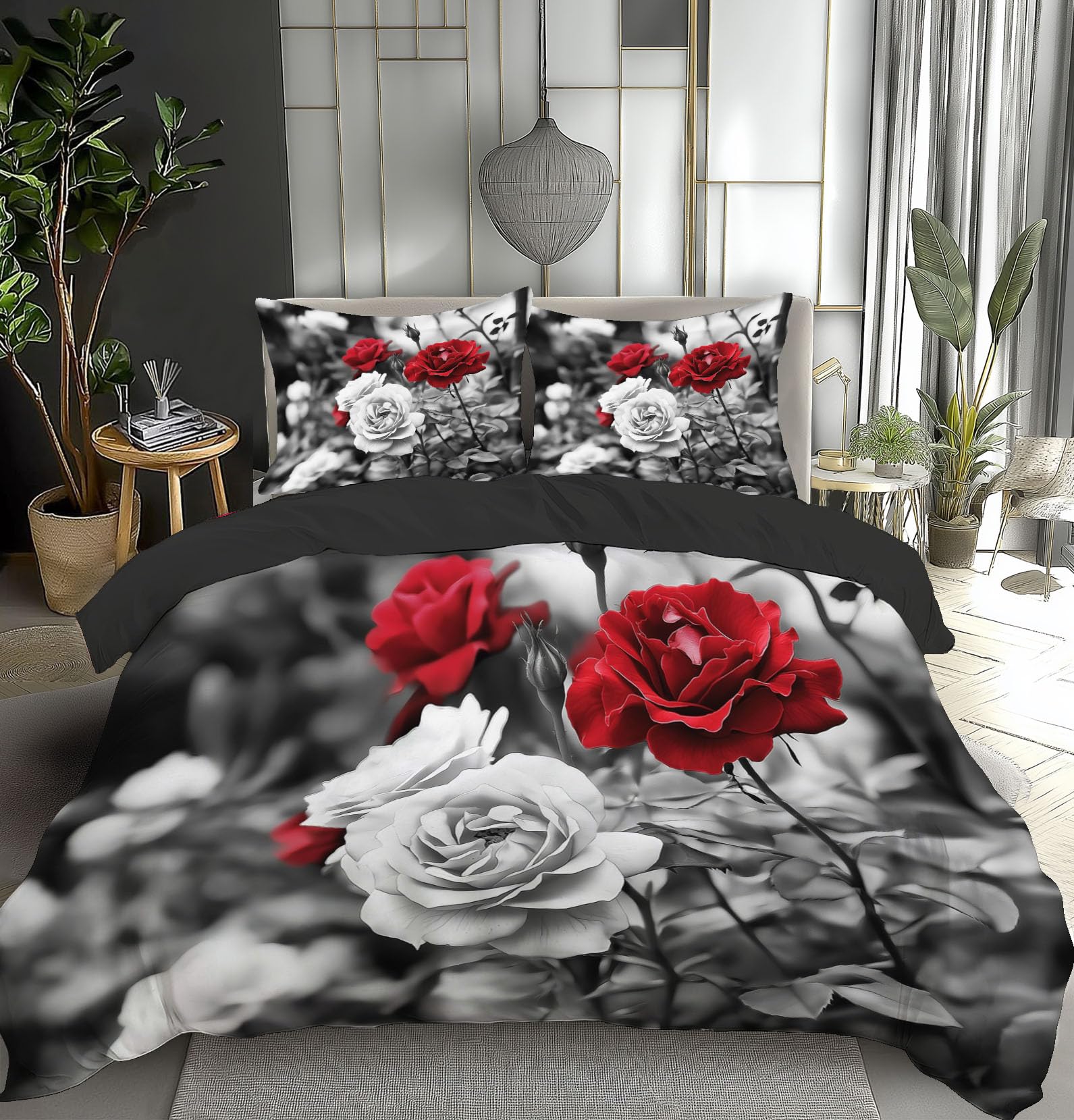 Housse de couette gris foncé 200x200 cm aux motifs de roses de jardin en microfibre