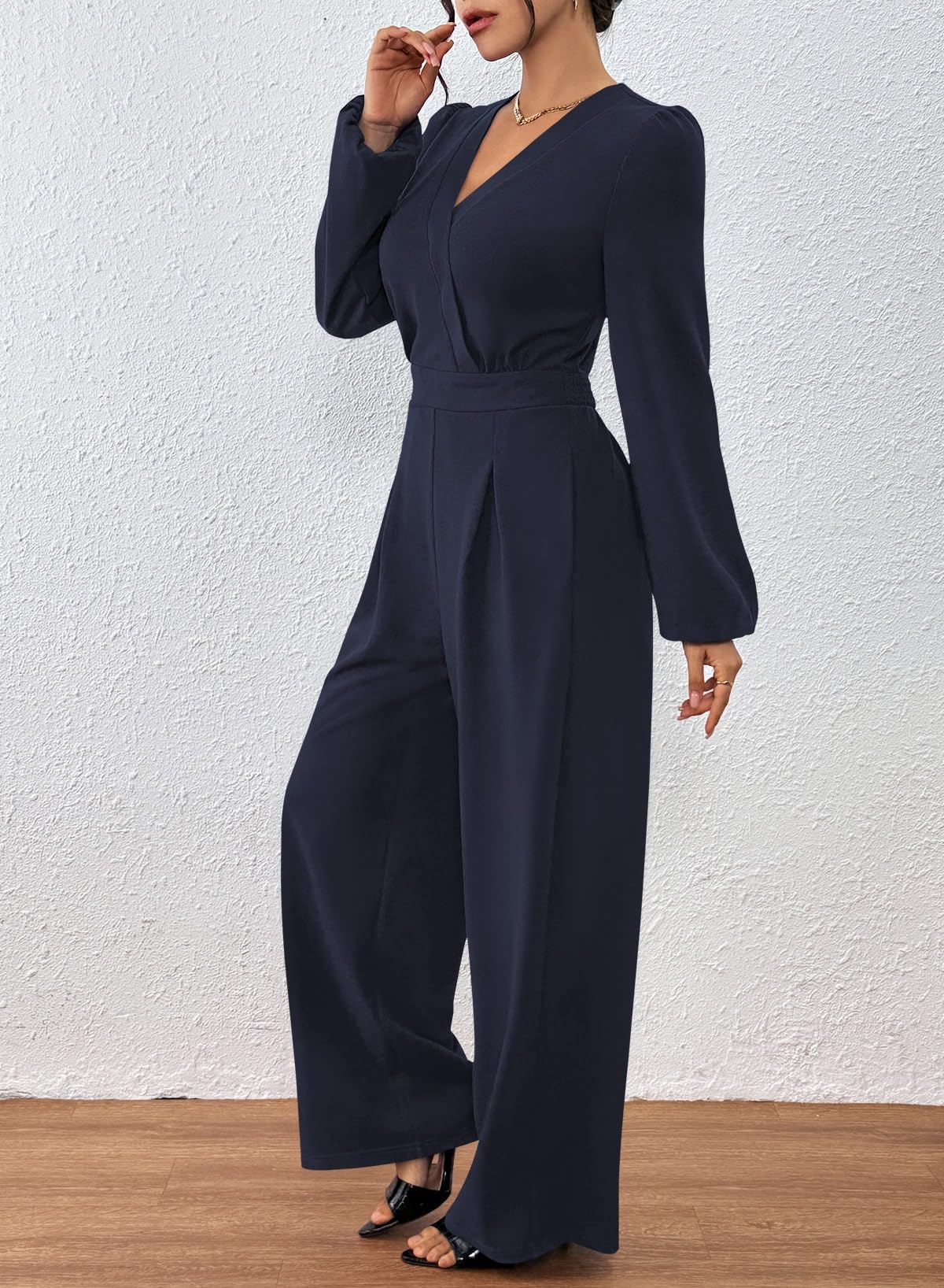 Pink Queen 2025 Jumpsuits for Women Dressy Long Sleeve V Neck Wide Leg Pants Romper Business Casual Outfits