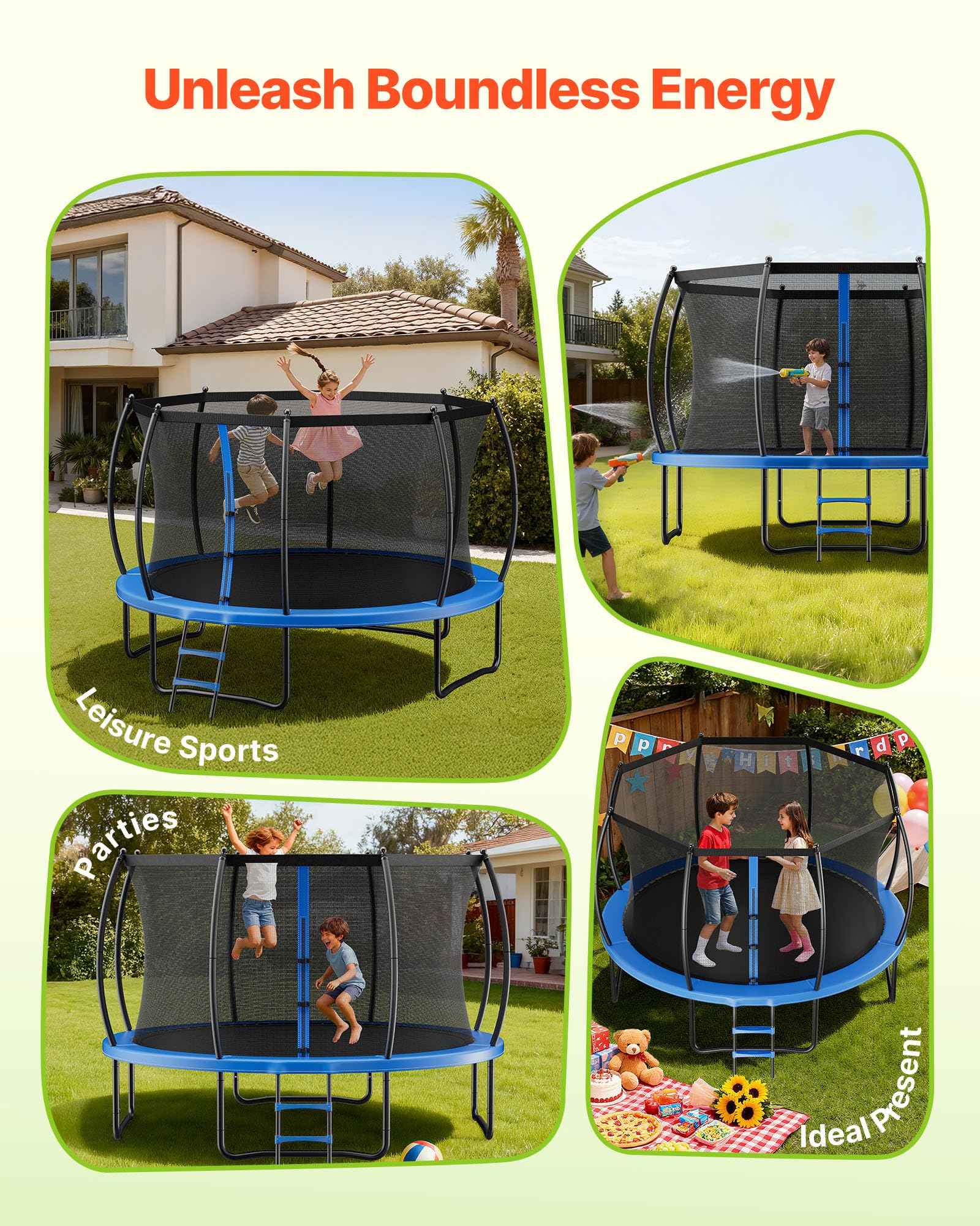 VEVOR Trampolín de Exterior 427 x 260 cm, Cama Elástica Infantil con Red de Protección y Almohadilla Gruesa, Capacidad Máxima de 204 kg, Trampolín al Aire Libre, Regalo de Cumpleaños para Niños