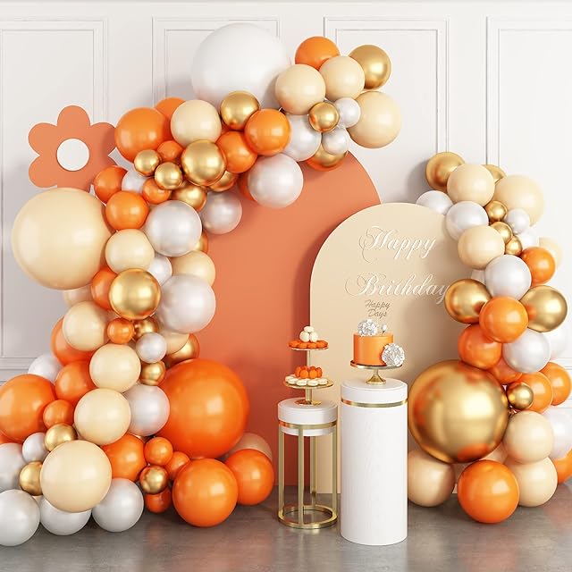 Balloons Arch Kit, Orange Apricot White Balloons Garland Kit with Metallic Gold Balloons, Pearl White Neutral Birthday Party Balloons Decorations for Thanksgiving Wedding Baby Bridal Shower Engagement