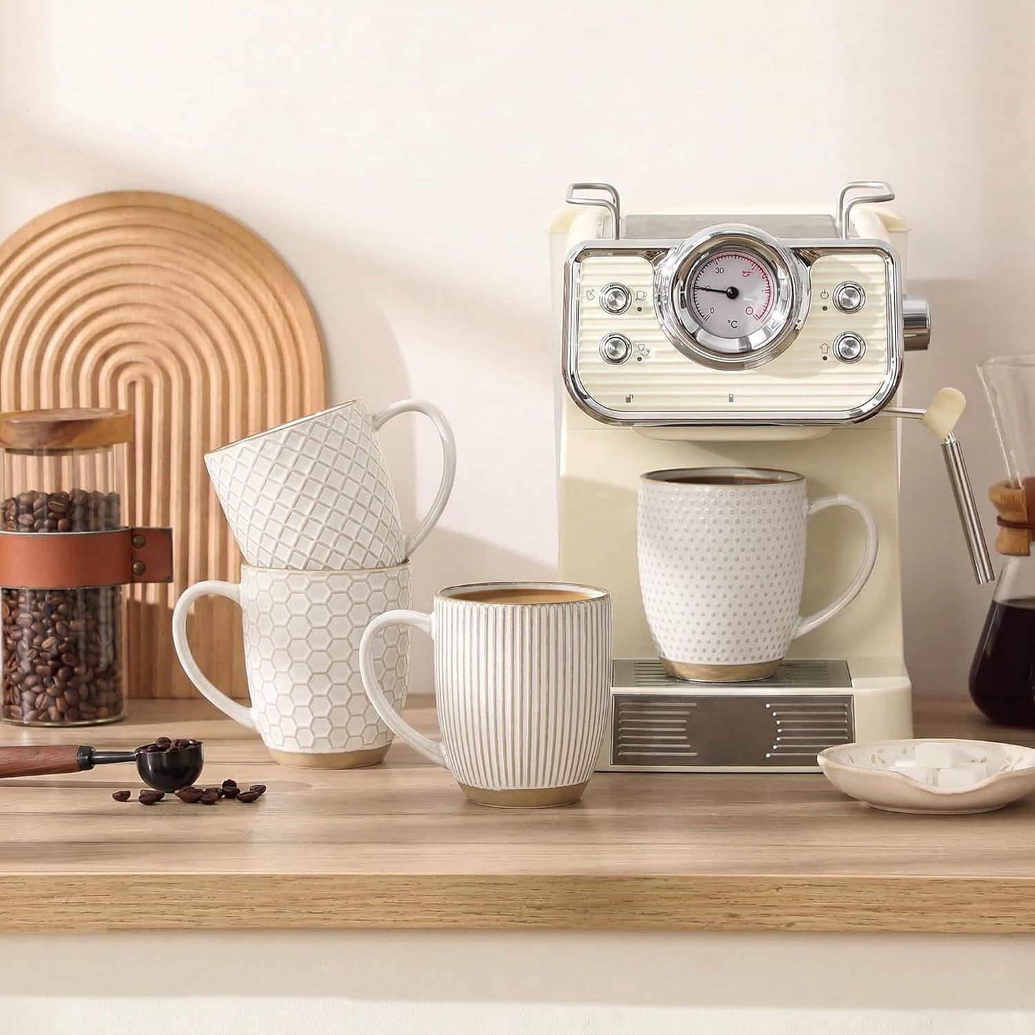 GBhome Large Coffee Mugs Set of 6, 16oz Handmade Embossed Coffee Mugs Set with Large Handle for Cappuccino/Latte/Tea/Hot Cocoa, Dishwasher & Microwave Safe, Off White