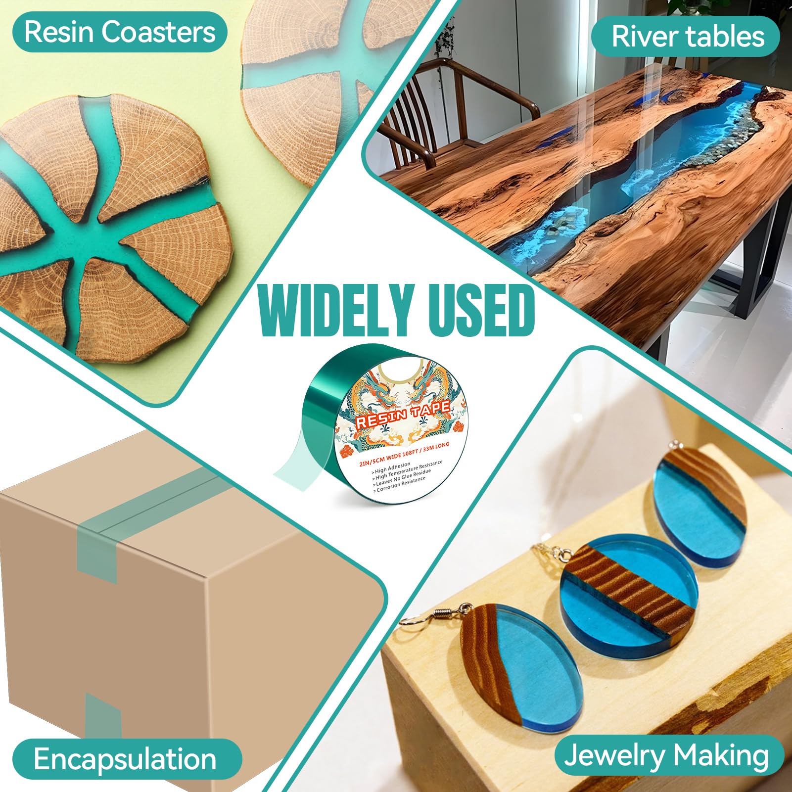 Nastro Adesivo per Resina, Nastro PET ad Alta Temperatura, nastri in resina per Gioielli, Progetti Artistici in Resina, River Tables, Facile da Staccare, 5 cm x 33 m/ 2 IN x 108 Ft