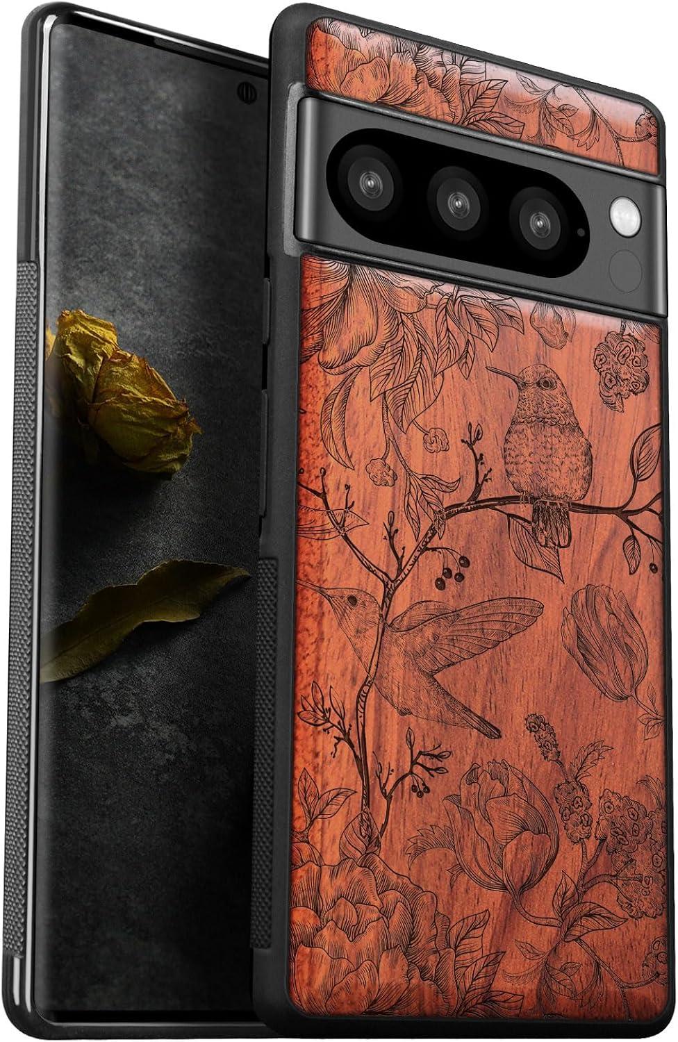 Carveit Wood Case for Pixel 8 Pro Case [Natural Wood & Black Soft TPU] Shockproof Protective Unique Wooden Cover Compatible with Google Pixel 8 Pro (Flora and Avian-Rosy)
