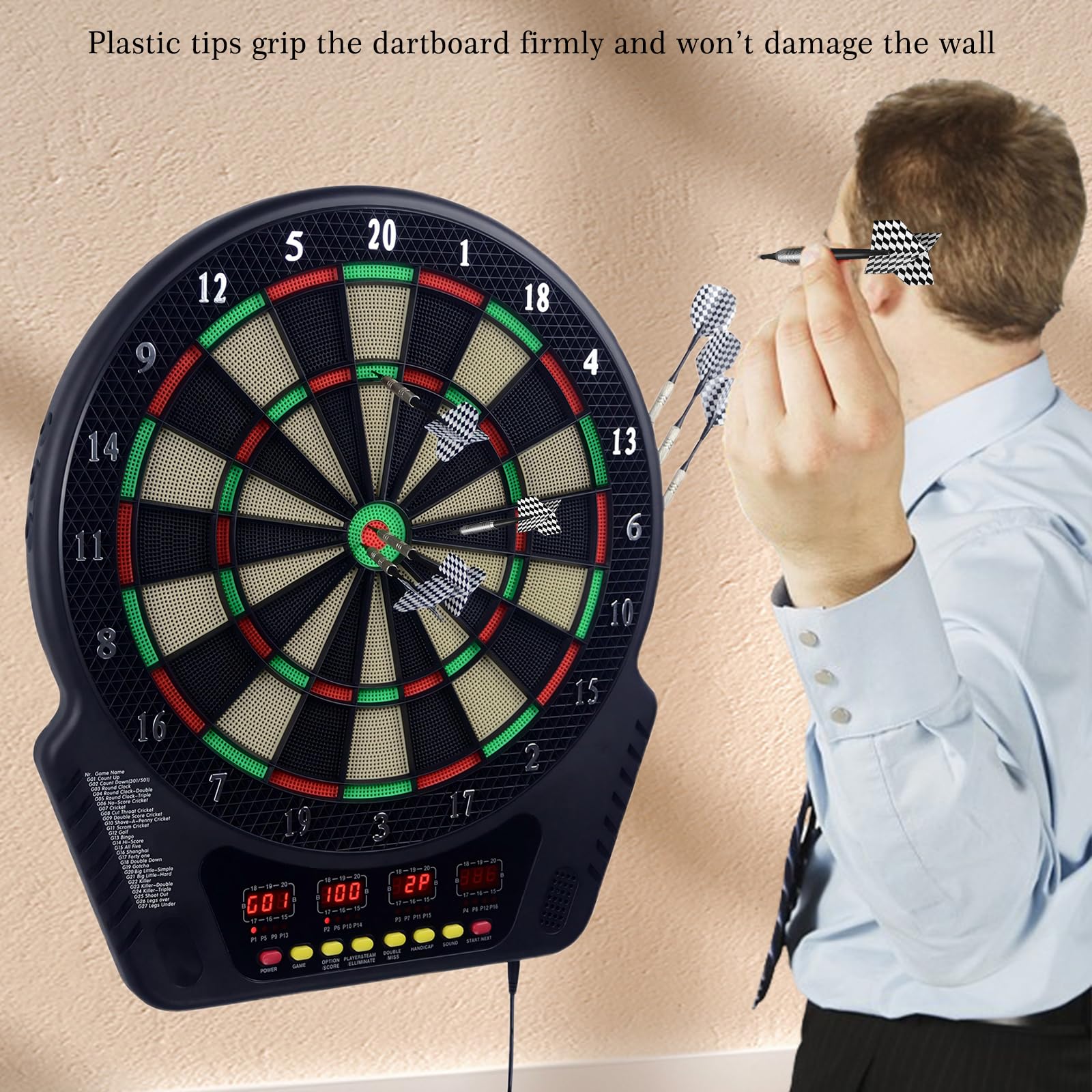Cible Flechette Electronique, Jeu de Fléchettes Électronique avec 4 Écrans LCD, 27 Modèles de Jeux pour Jusqu’à 16 Joueurs, Fléchettes à Pointe Plastique Sécurisées pour Maison, Bureau et Bar