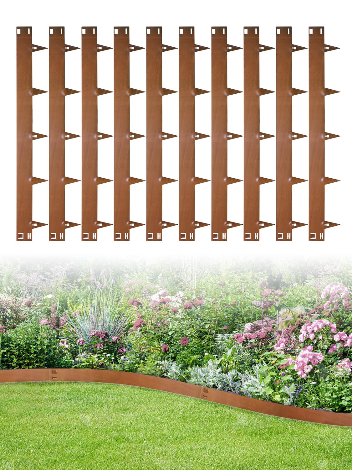 10 Pack 15CM Lawn Edging Border,Total Length 10.75M Garden Edgings Border,7CM Face Height Flexible Garden Borders Edging,Corten Steel Lawn Edgings for Flower Beds Lawns Patio Pavemen