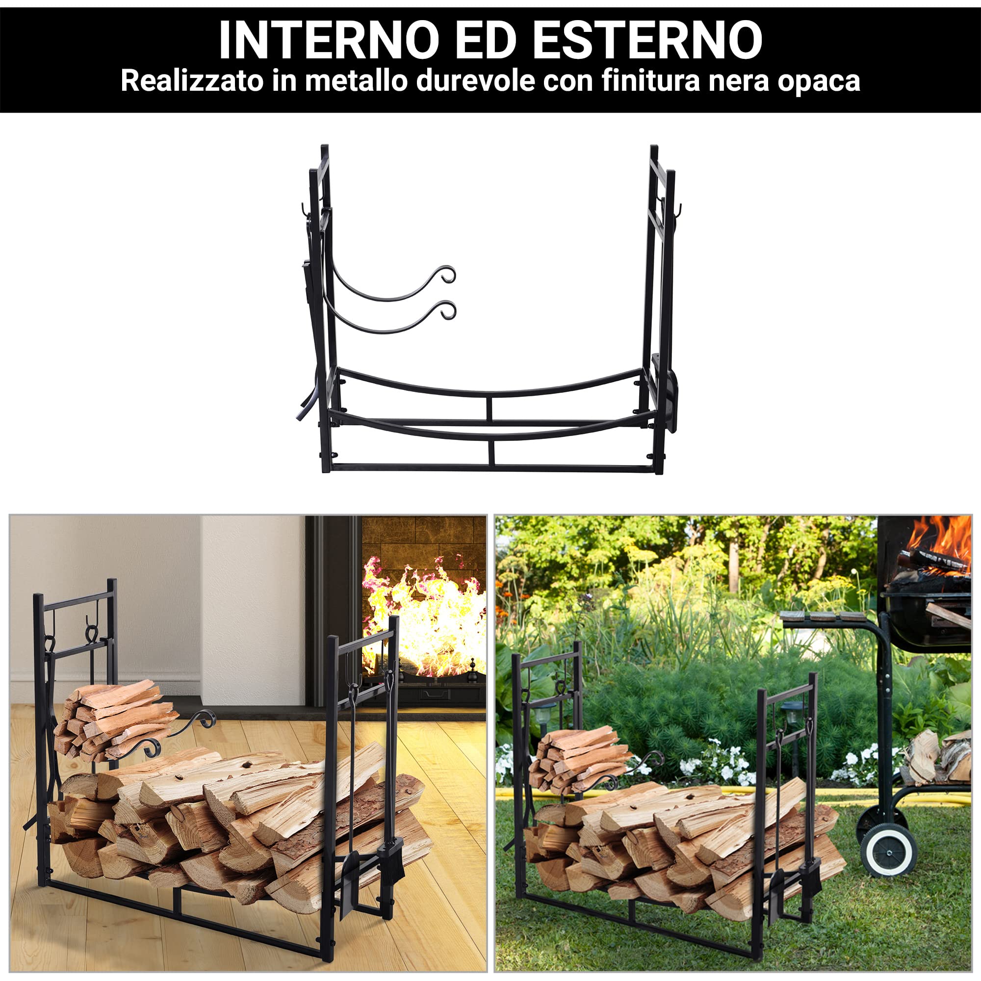 Outsunny Portalegna da Interno ed Esterno in Metallo con Paletta, Scopa, Attizzatoio e Pinza, Nero, 84x33x76cm
