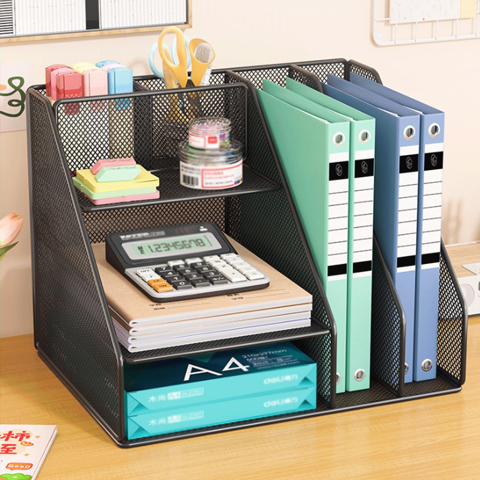 Organizer Scrivania con 3 ripiani, Metallo Rete Porta Documenti da Scrivania, Porta Cancelleria, Portadocumenti da Scrivanias per Casa Ufficio(Black)