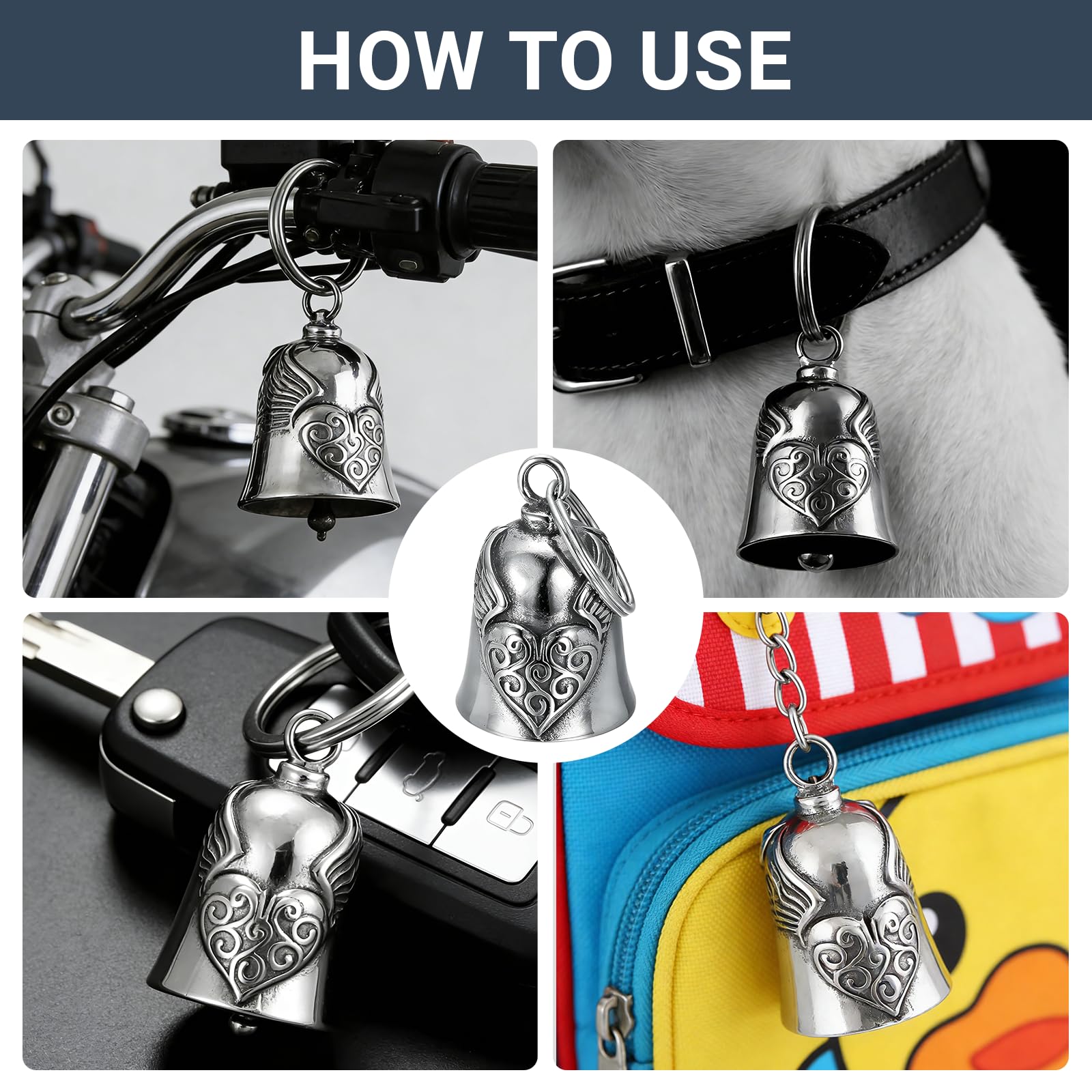 Clochette Moto Guardian Bell Porte-bonheur Ailes de Cœur, Pendentif en Acier Inoxydable pour Motard