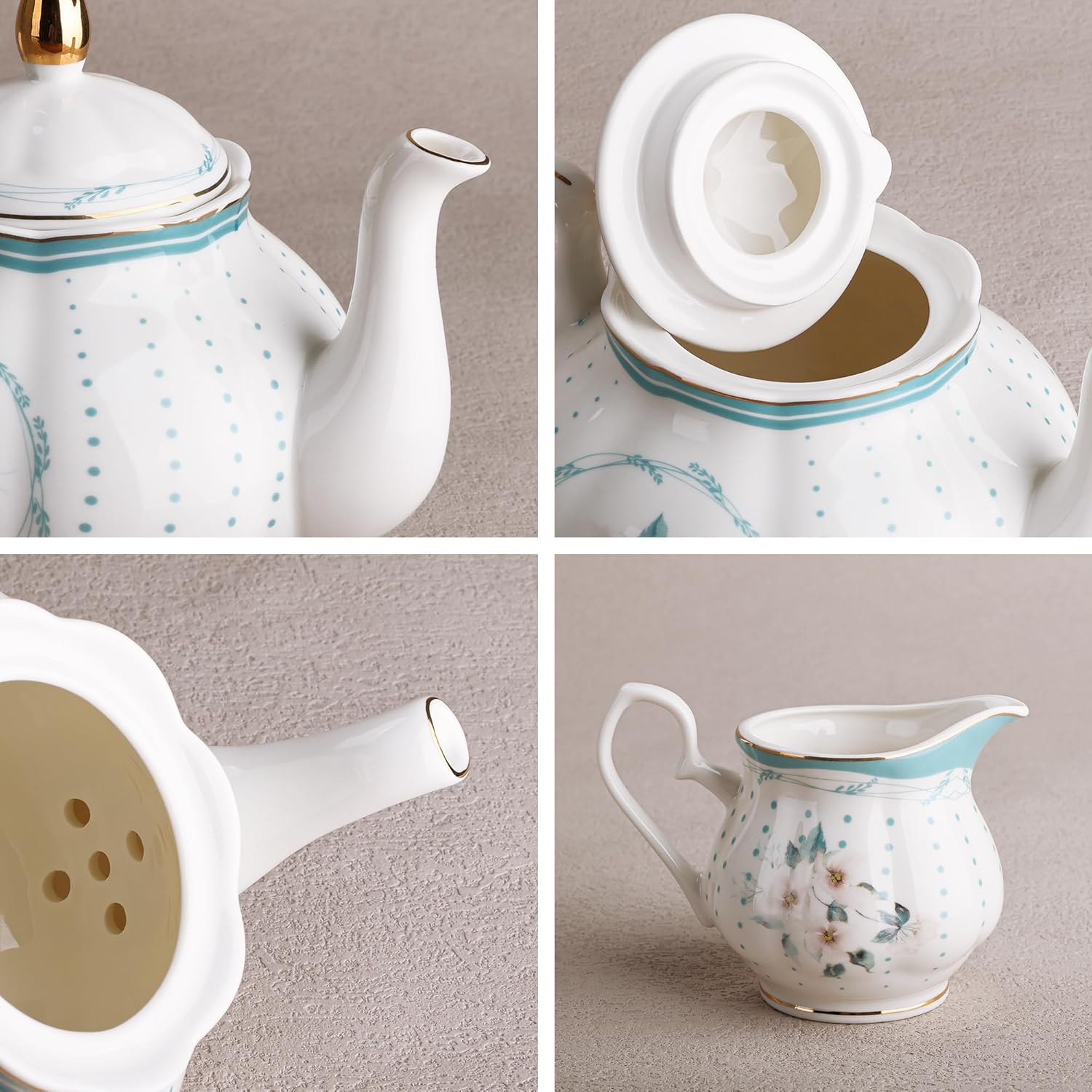 fanquare 21 Pieces Royal Style Porcelain Tea Set with Gold Trim, Vintage White Camellia Polka Dots Tea Sets, 6 Teacup and Saucers for Party Home Wedding - Image 4