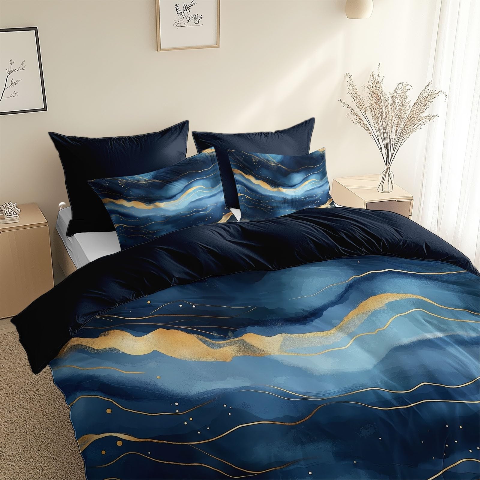 Housse de Couette Bleu Foncé 200x200 Coton Polyester Anti-Plis Parure Lit Marbre Or