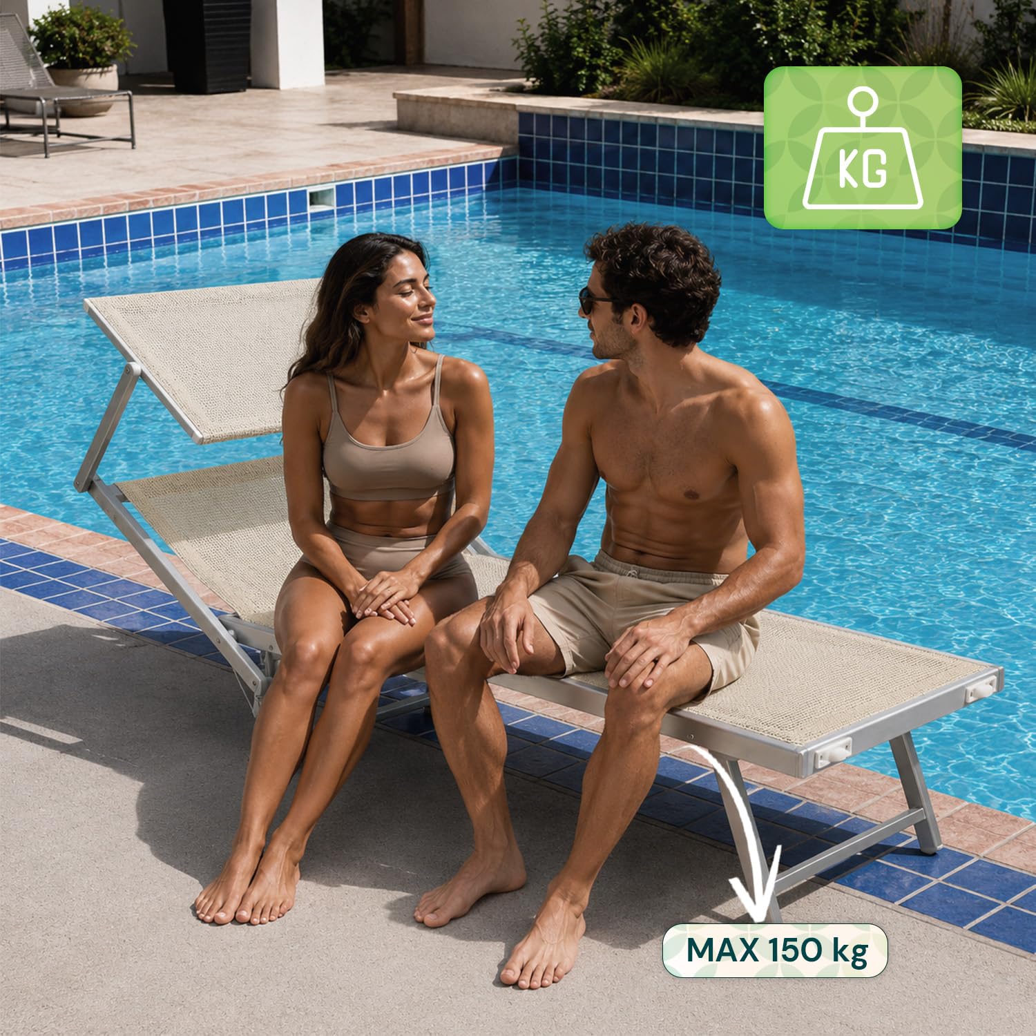Avilia - Lettino Prendisole da Giardino con Parasole Girevole 360° – Alluminio, Texilene, 150 kg | Sdraio da Mare Pieghevole, Schienale 30-40°, L60×P186×A44/94 cm, Chiuso L60×A148 cm