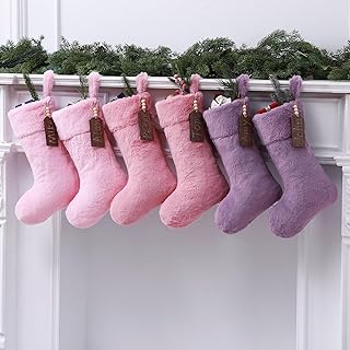 Shinymoon 6 Pcs 18 Inch Pink Plush Faux Fur Christmas Stocking with Wood...