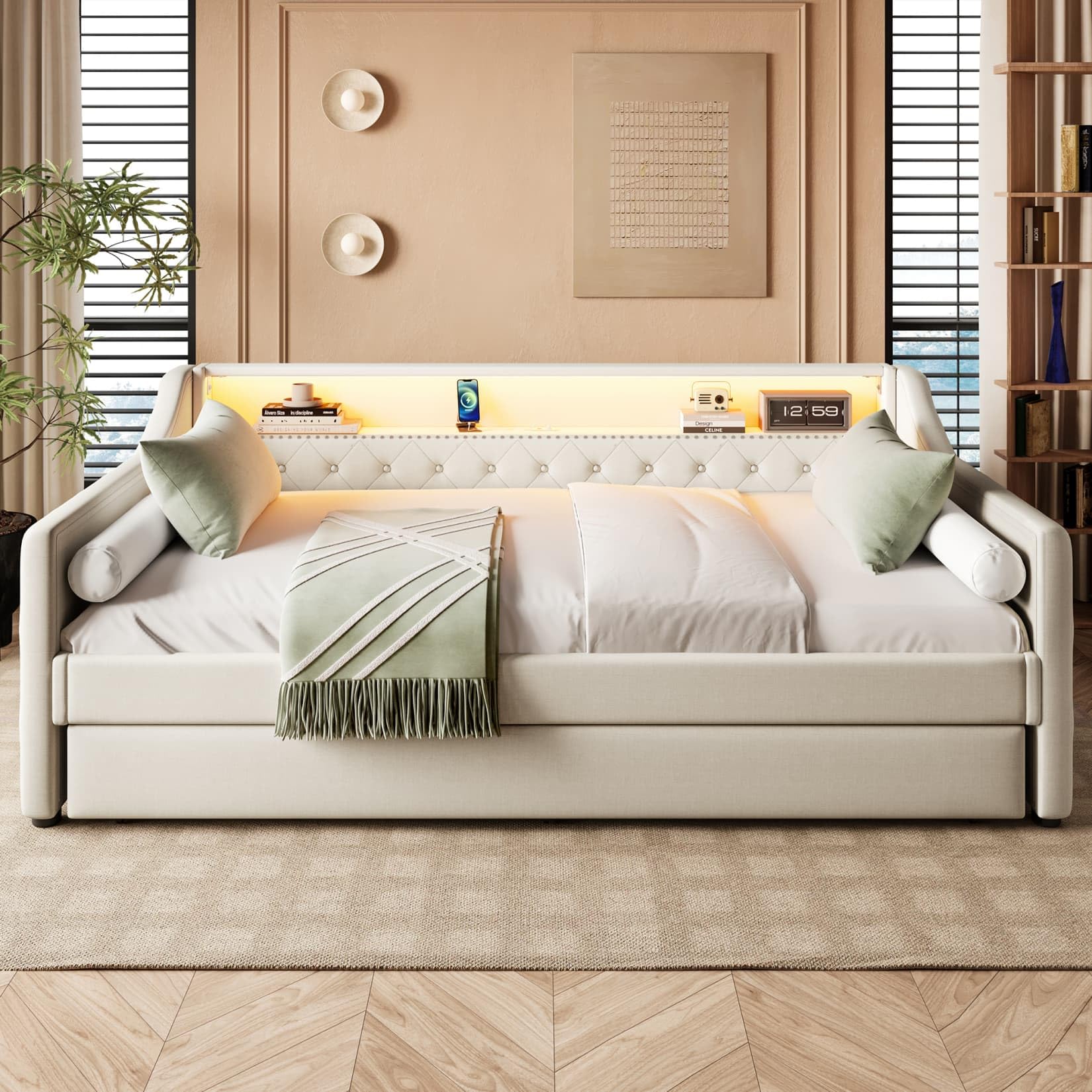 EURHCIO Canape Lit Une Place 90x200cm avec lit Gigogne 90x190cm,Cadre de Lit 1 Personne avec Lampe LED Réglable,Ports USB,Sommier à Lattes Robuste,pour Enfants Ados Adulte(F-Gris)