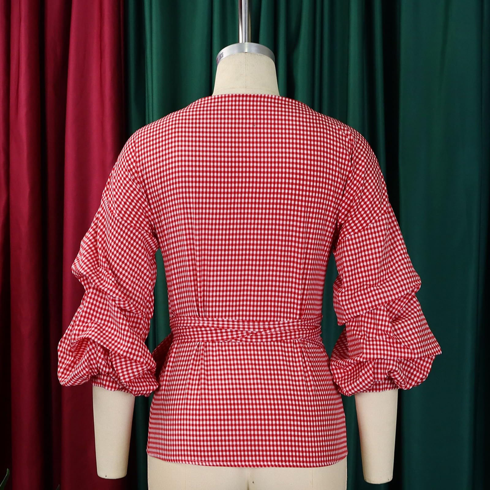 Camisa de Cuadros para Mujer Talla Grande con Cinturón de Lazo Removible y Mangas Abullonadas para Estilo Elegante y Casual