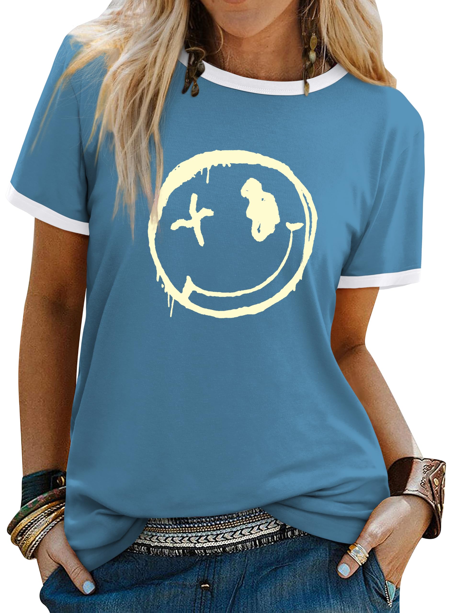 WIEIYM Tshirt Damen Oberteile Kurzarm Tshirts Sommer Damen T-Shirt Rundhals Hemd Leichtes Shirt Gedruckt Lässig Tee Tops Bluse