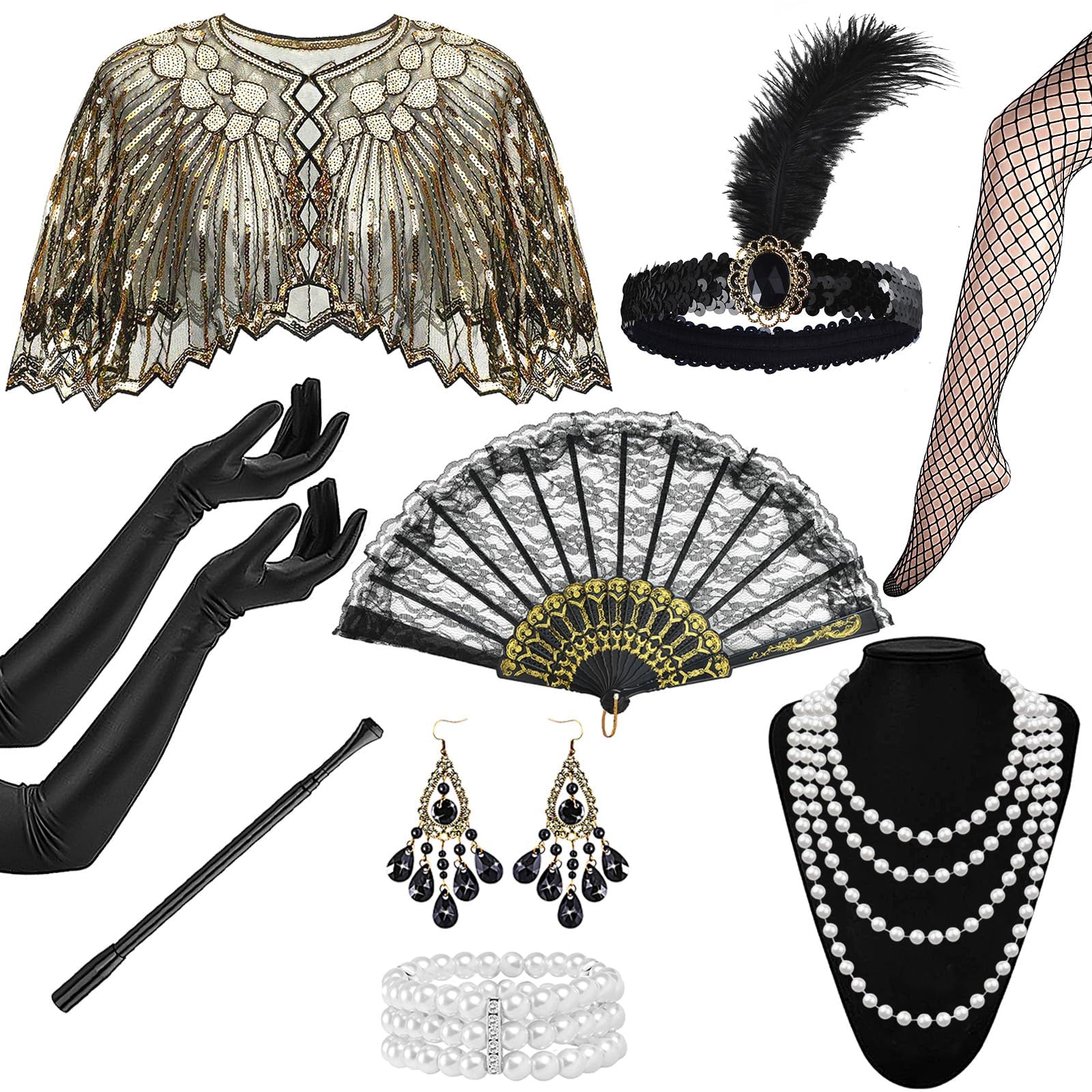 9 Stück 20er Jahre Kostüm Accessoire, 1920er Gatsby Kostüm Damen Charleston Flapper Kleid mit Schal Federstirnband Handschuhen Perlenkette Ohrringen Spitzenfächer Armband Vintage Karneval Party