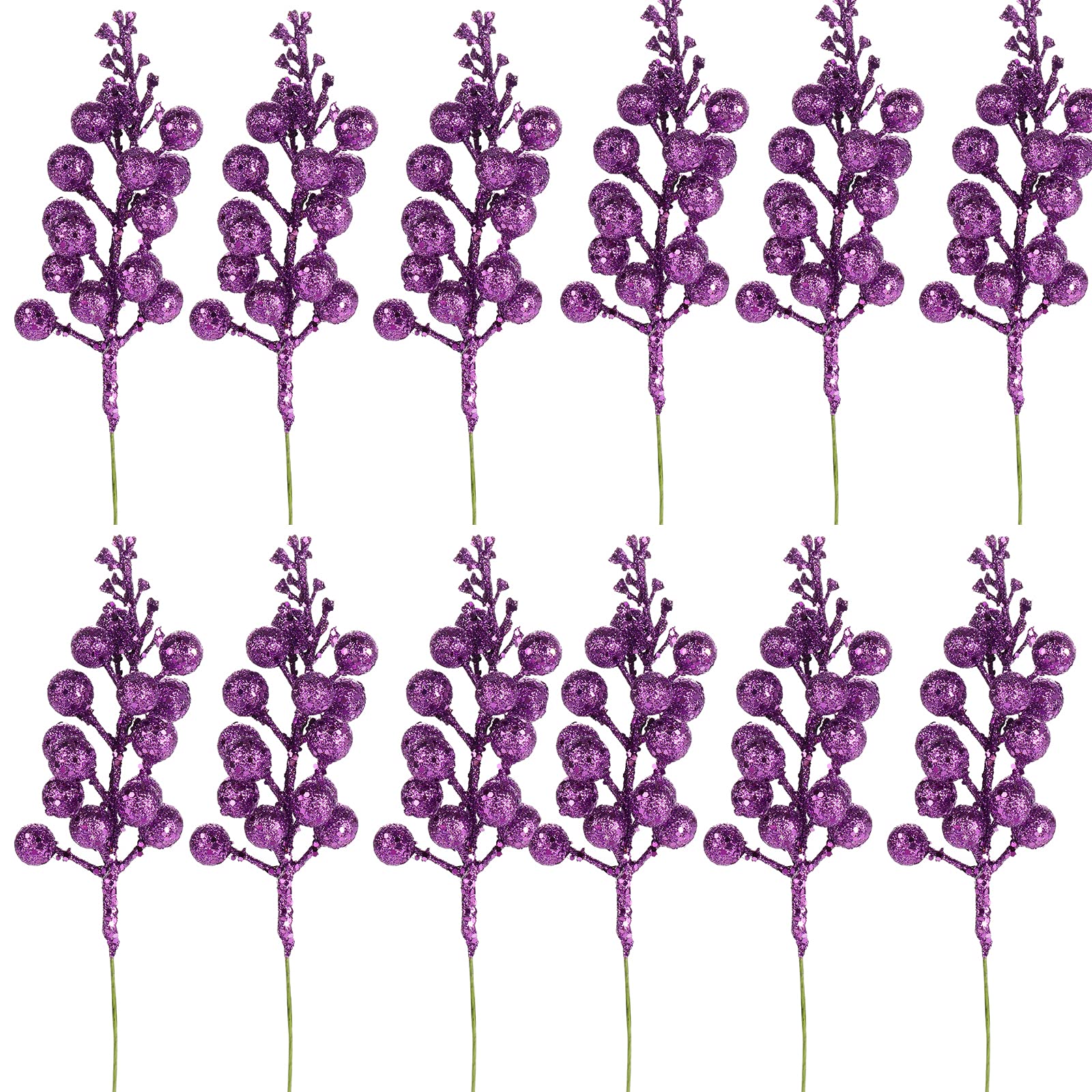 JFBUCF 12 Pcs Christmas Glitter Berries Stems, 7.8inch Artificial Purple Berry Picks, Fake Holly Berry Stems for Christmas Tree Ornaments Wreath Crafts Home Decor