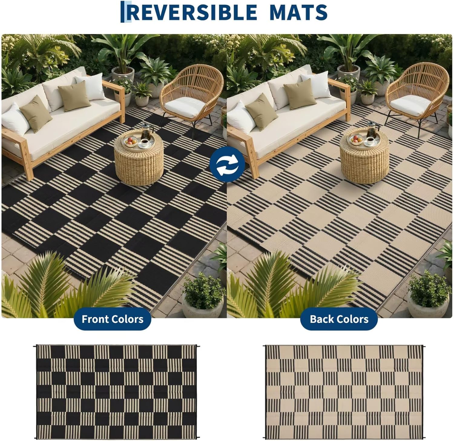 Garvee Waterproof Outdoor Rug 8x10, Checkered Foldable Plastic Straw Patio Camping Rug, Outdoor RV Carpet for Deck Camper Porch Balcony Backyard Picnic Beach Black and Brown