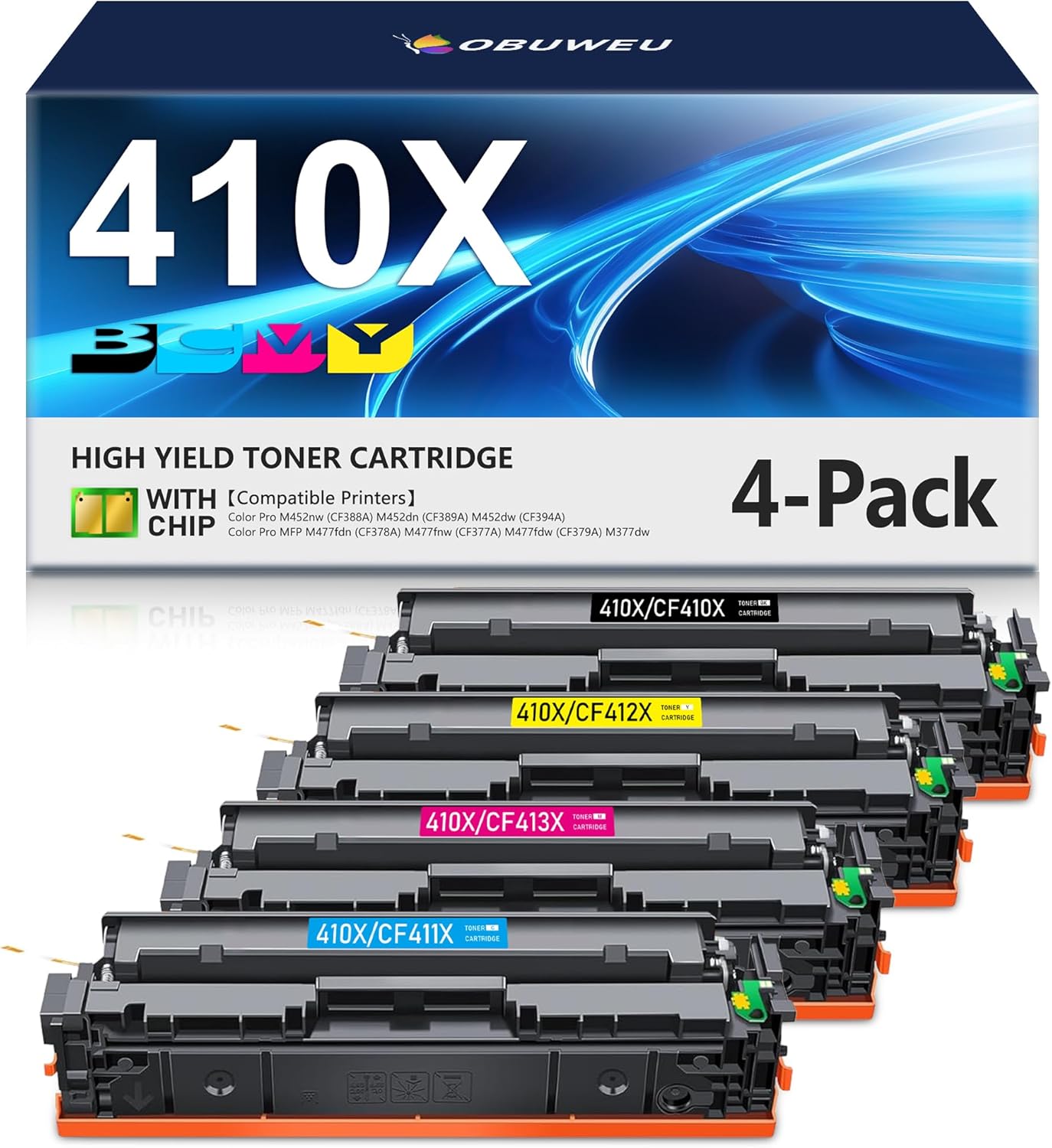 410X Toner Cartridge Replacement for HP 410X 410A CF410X CF411X CF412X CF413X for M477fnw M477fdw M477fdn M452dn M452nw M452dw Printer, 4-Pack